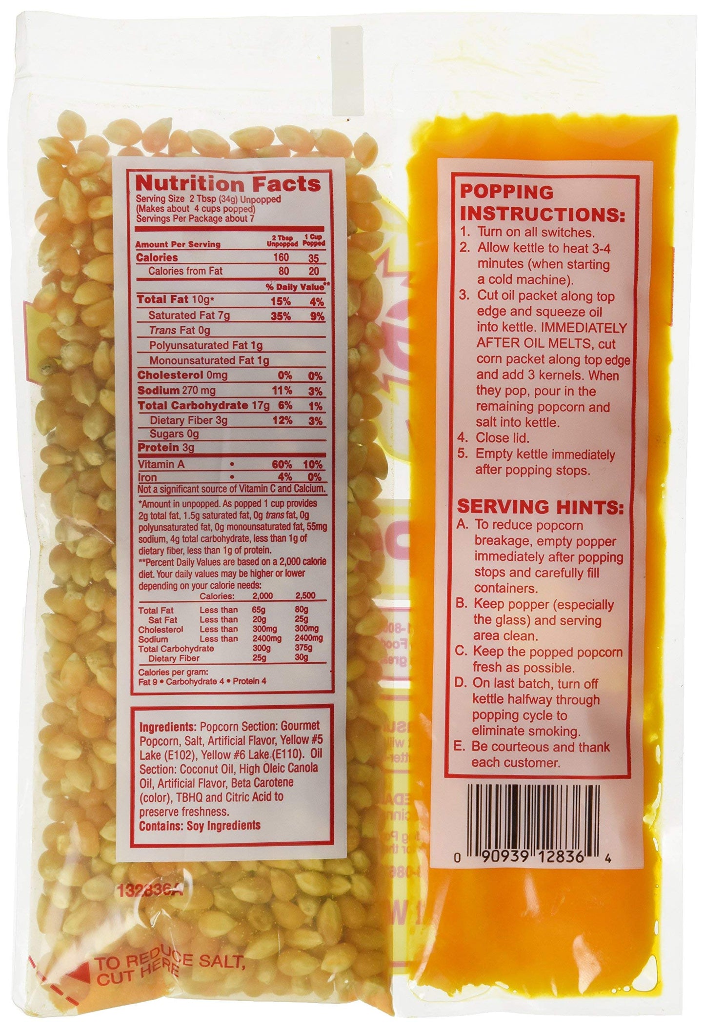 Gold Medal Popcorn Kit Coconut, 8oz kit for 6 Oz popper, 36 count