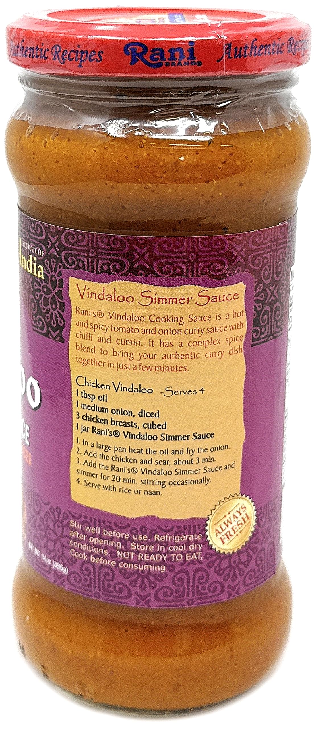 Rani Vindaloo Curry Vegan Simmer Sauce (Spicy Tomato, Red Peppers & Spices) 14oz (400g) Glass Jar, Pack of 5 +1 FREE ~ Easy to Use | Vegan | No Colors