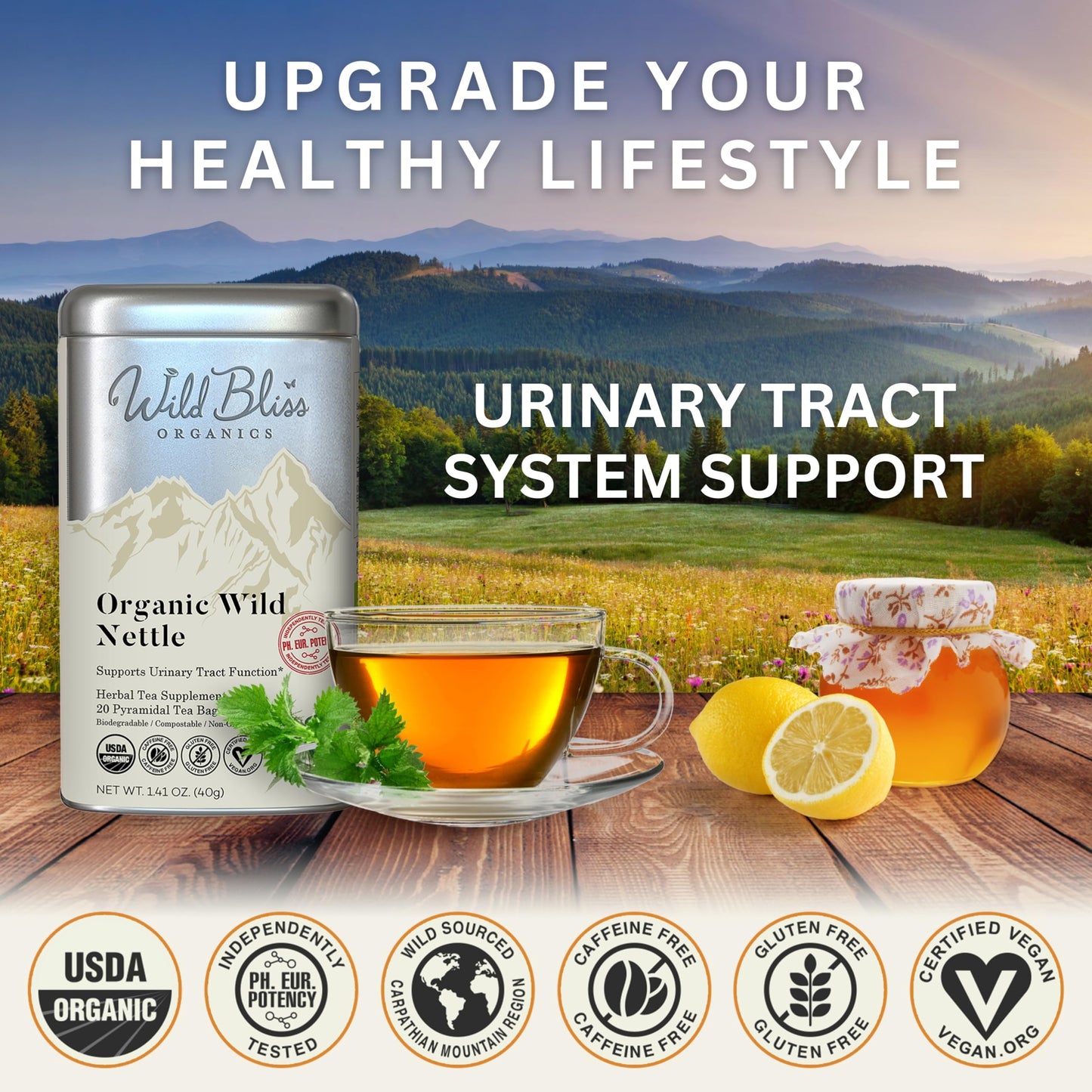 Wild Bliss Organic Wild Stinging Nettle Leaf Tea - Caffeine Free Urinary Tract Herbal Support - Pharmacopoeia Potency - 20 Plant Based Tea Bags