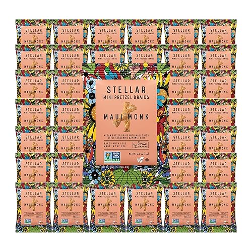 Stellar Snacks Mini Pretzel Braids, Mini Maui Monk, 0.5 Ounce (Pack of 75), Airline Served Mini Pretzel Packs, Sancking On The Go Size, Vegan, Kosher