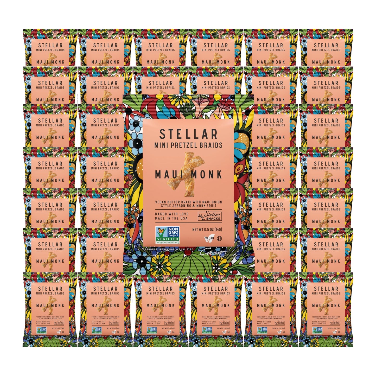 Stellar Snacks Mini Pretzel Braids, Mini Maui Monk, 0.5 Ounce (Pack of 75), Airline Served Mini Pretzel Packs, Sancking On The Go Size, Vegan, Kosher