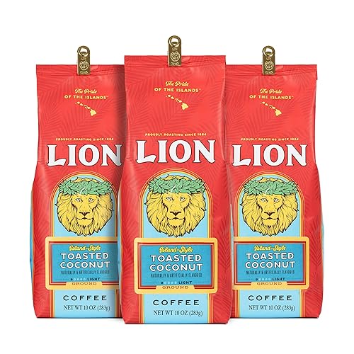 Lion Coffee 3-Pack Toasted Coconut Flavored Light Roast Ground Coffee, A Taste of Aloha - 10 Ounce Bags (Pack of Three)