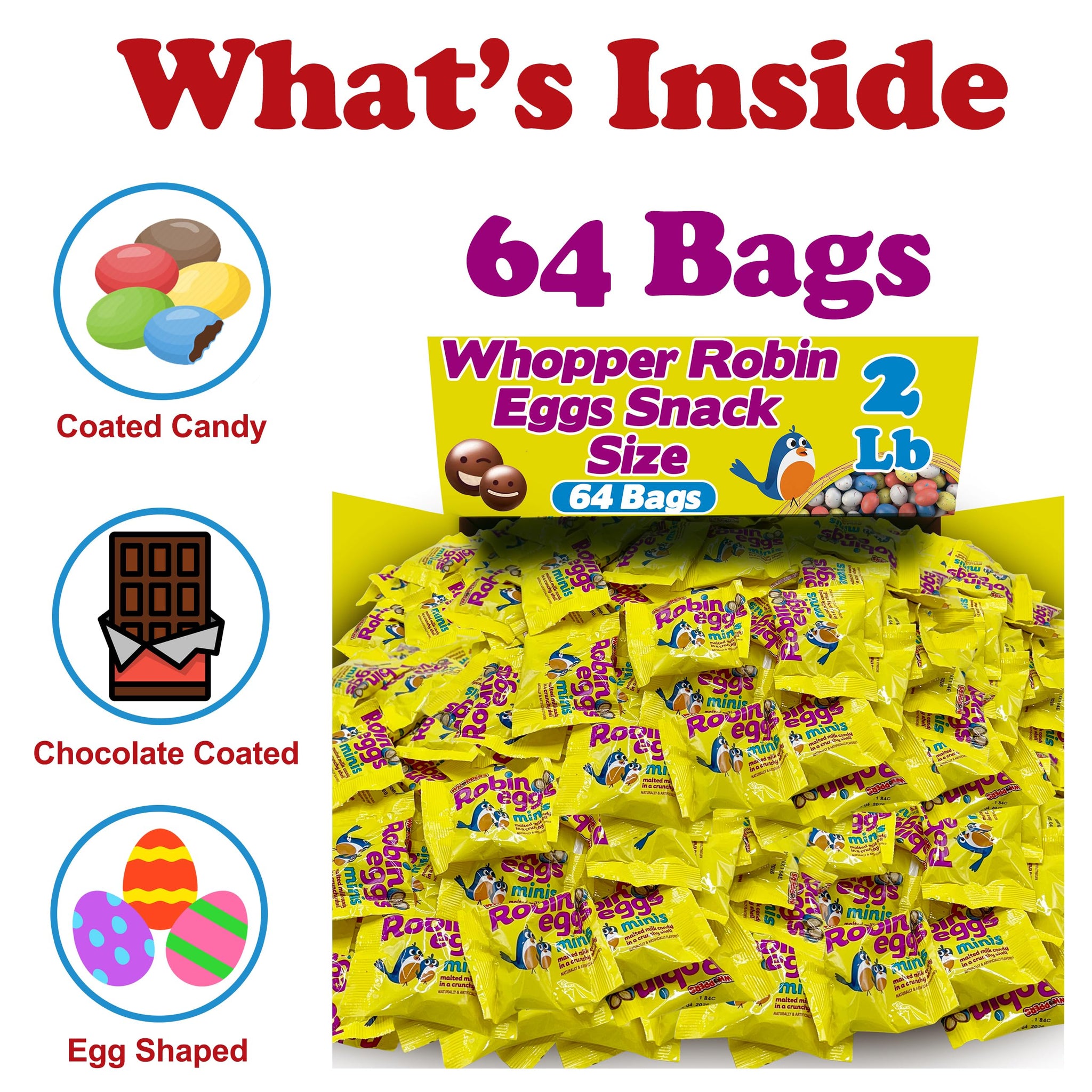 Woppers Robin Eggs Candy, Bulk 64 Count Snack Size Individually Wrapped Whoopers Milk Chocolate Malted Balls with Pastel Candy Shells, for Goodie Bags