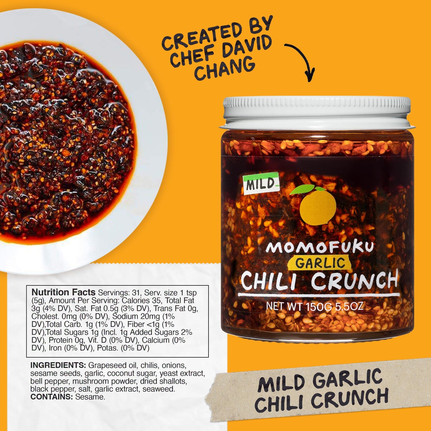 Momofuku Mild Garlic Chili Crunch by David Chang, (5.5 Ounces), Chili Oil with Crunchy Garlic and Shallots, Mild Chili Crisp