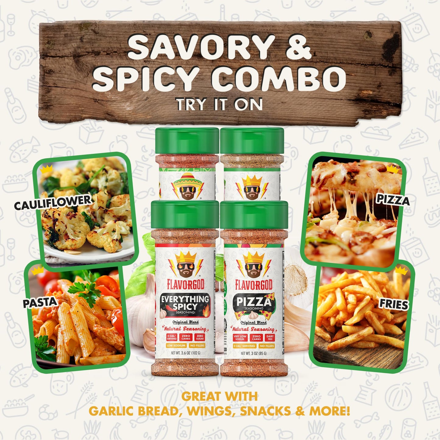 Savory & Spicy Combo Pack of 4, Herbs, Spices and Seasoning Gift Set - Garlic Lovers, Everything Spicy, Taco Tuesday, Pizza - Premium All Natural