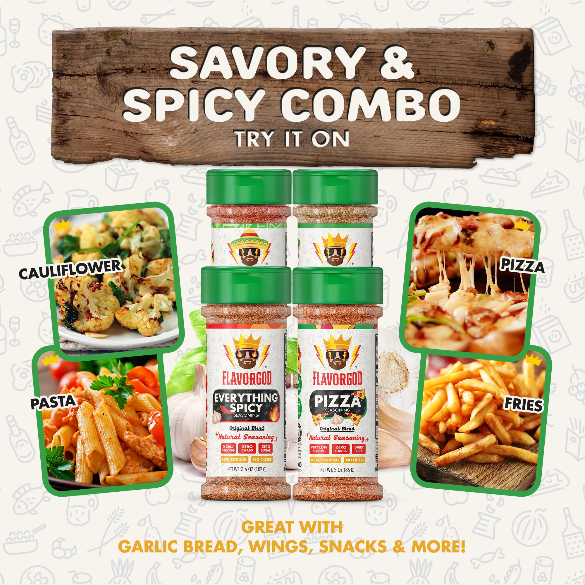 Savory & Spicy Combo Pack of 4, Herbs, Spices and Seasoning Gift Set - Garlic Lovers, Everything Spicy, Taco Tuesday, Pizza - Premium All Natural