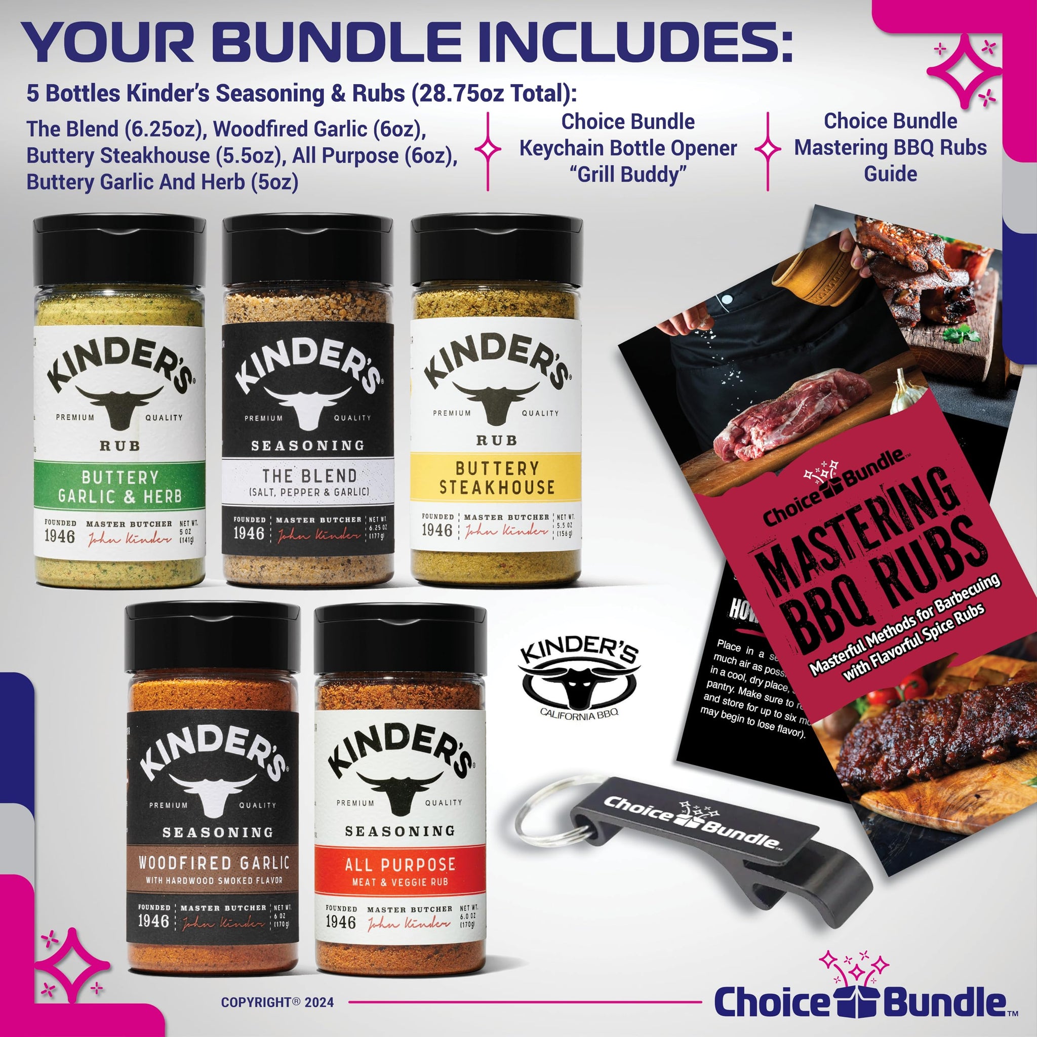Kinders Buttery Garlic & Herb Woodfired Garlic The Blend Buttery Steakhouse All Purpose Seasoning & Rub 5 pk (28.75 oz) + BBQ Masters & Opener (7