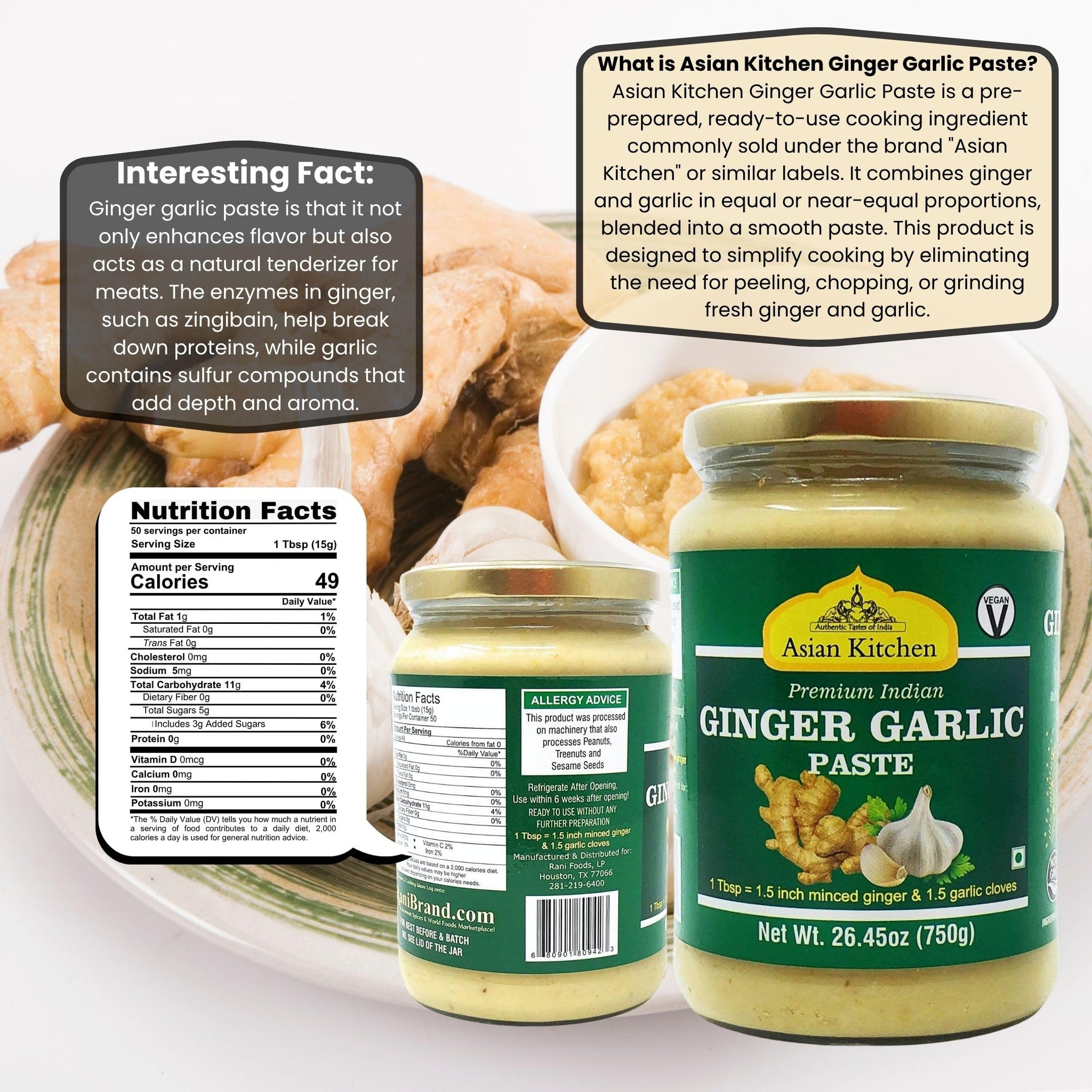 Asian Kitchen Ginger Garlic Cooking Paste 26.5oz (750g) Glass Jar ~ Vegan | Gluten Free | NON-GMO | No Colors | Indian Origin