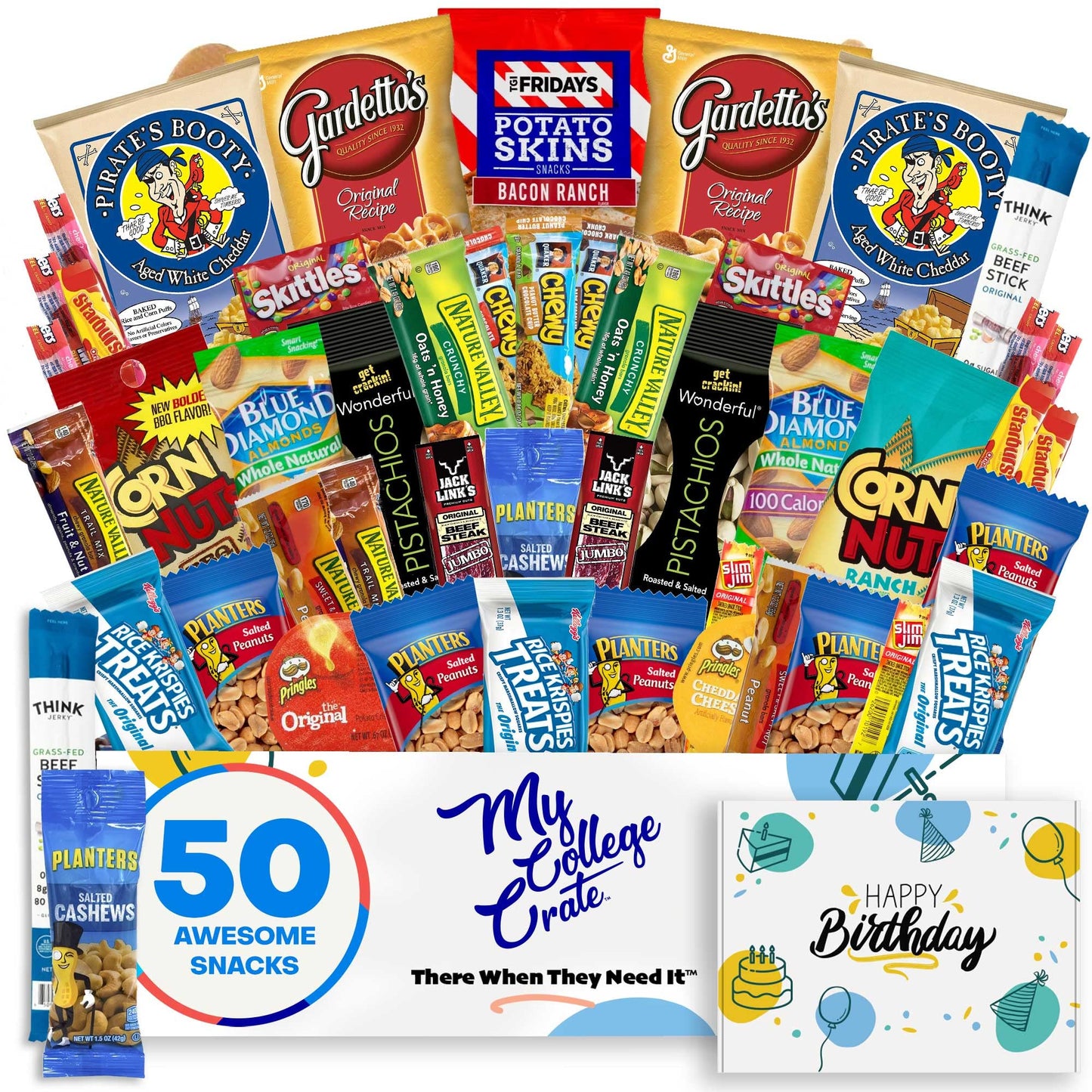 College Birthday Men's Hearty Snack Box ( 50 Piece Variety Gift Basket Care Package ) Jerky, Nuts, Chips, Pretzels, Variety Pack - My College Crate