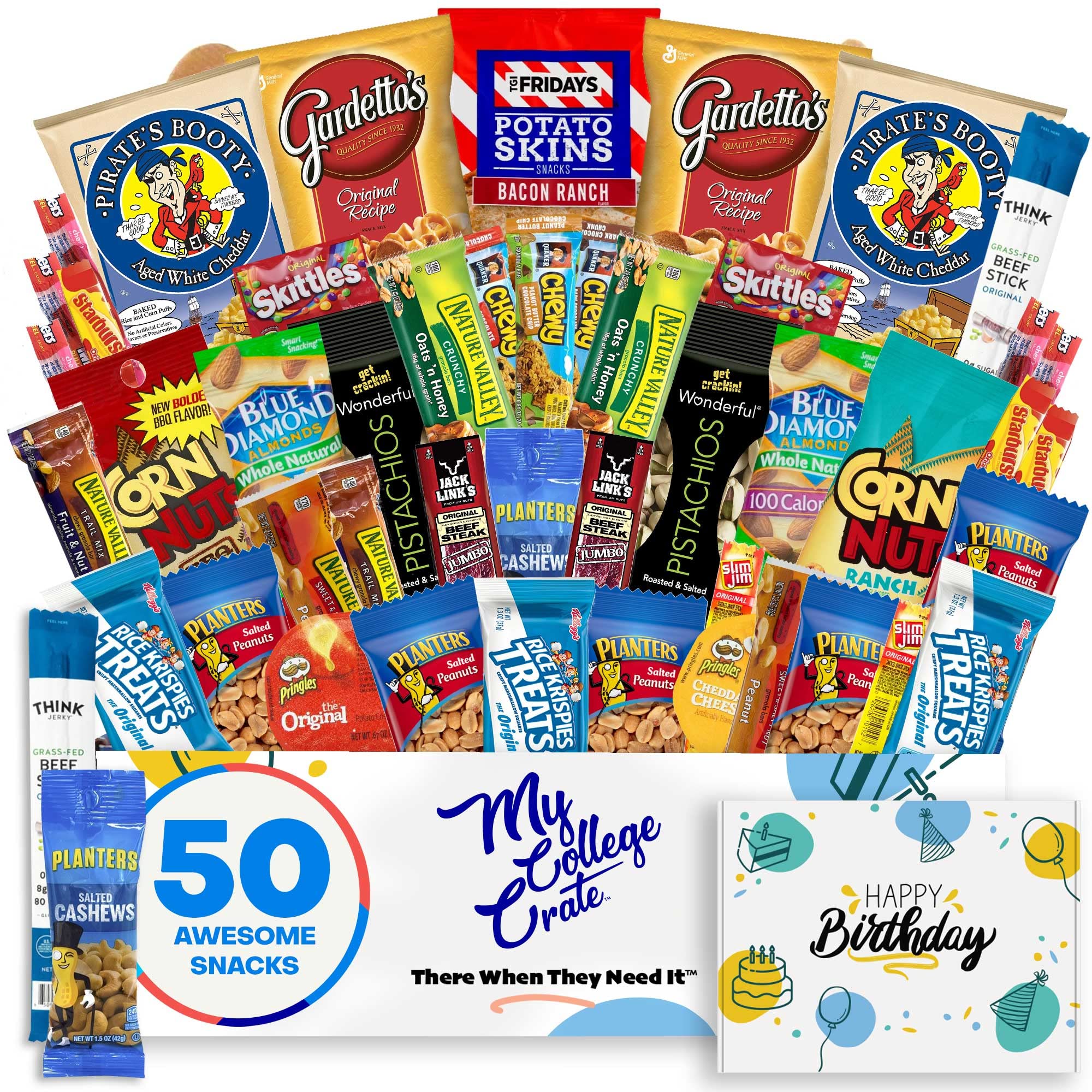 College Birthday Men's Hearty Snack Box ( 50 Piece Variety Gift Basket Care Package ) Jerky, Nuts, Chips, Pretzels, Variety Pack - My College Crate