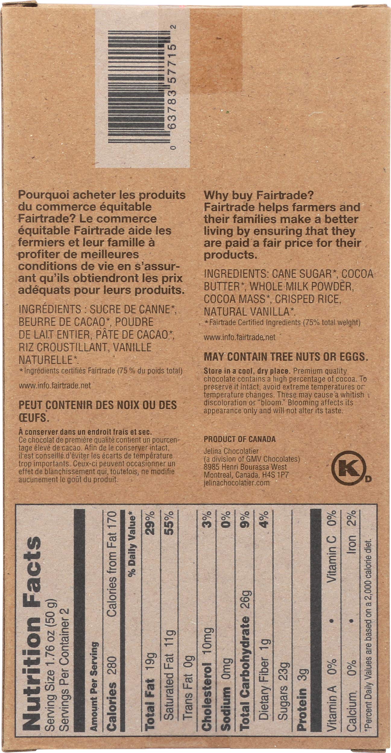 Jelina Chocolatier, Chocolate Milk Crisped Rice 36% Bar, 3.52 Ounce