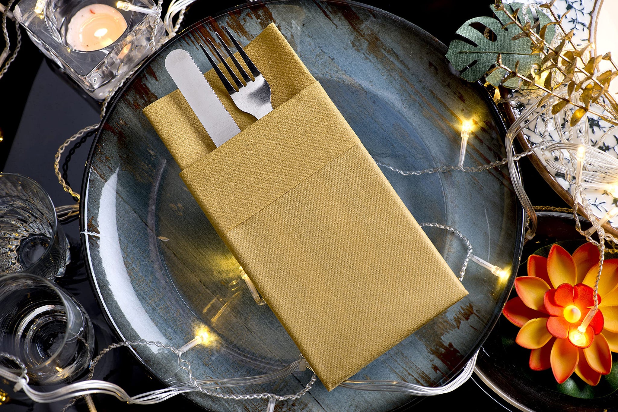 Moyes Home Gold Dinner Napkins with Silverware Pocket (50 Pack) - Linen-Feel Disposable Cloth-Like Paper Napkins for Weddings, New Year’s Eve