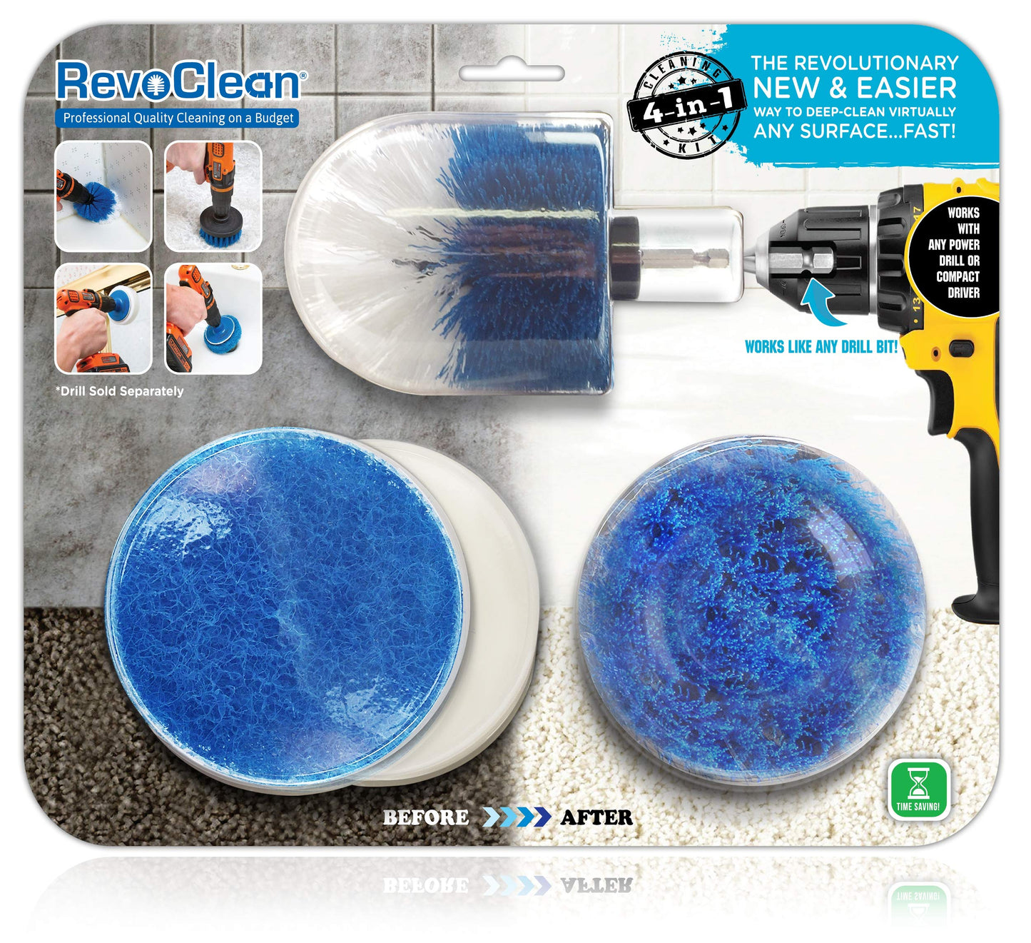 RevoClean 4 Piece Scrub Brush Power Drill Attachments-All Purpose Time Saving Kit-Perfect for Cleaning Grout, Tile, Counter, Shower, Grill, Floor