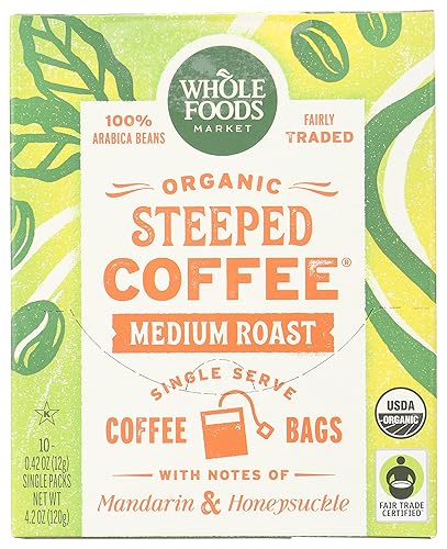 Whole Foods Market, Organic Steeped Coffee, Medium Roast, Notes of Mandarin & Honeysuckle, Single Serve Bags, 10 Count