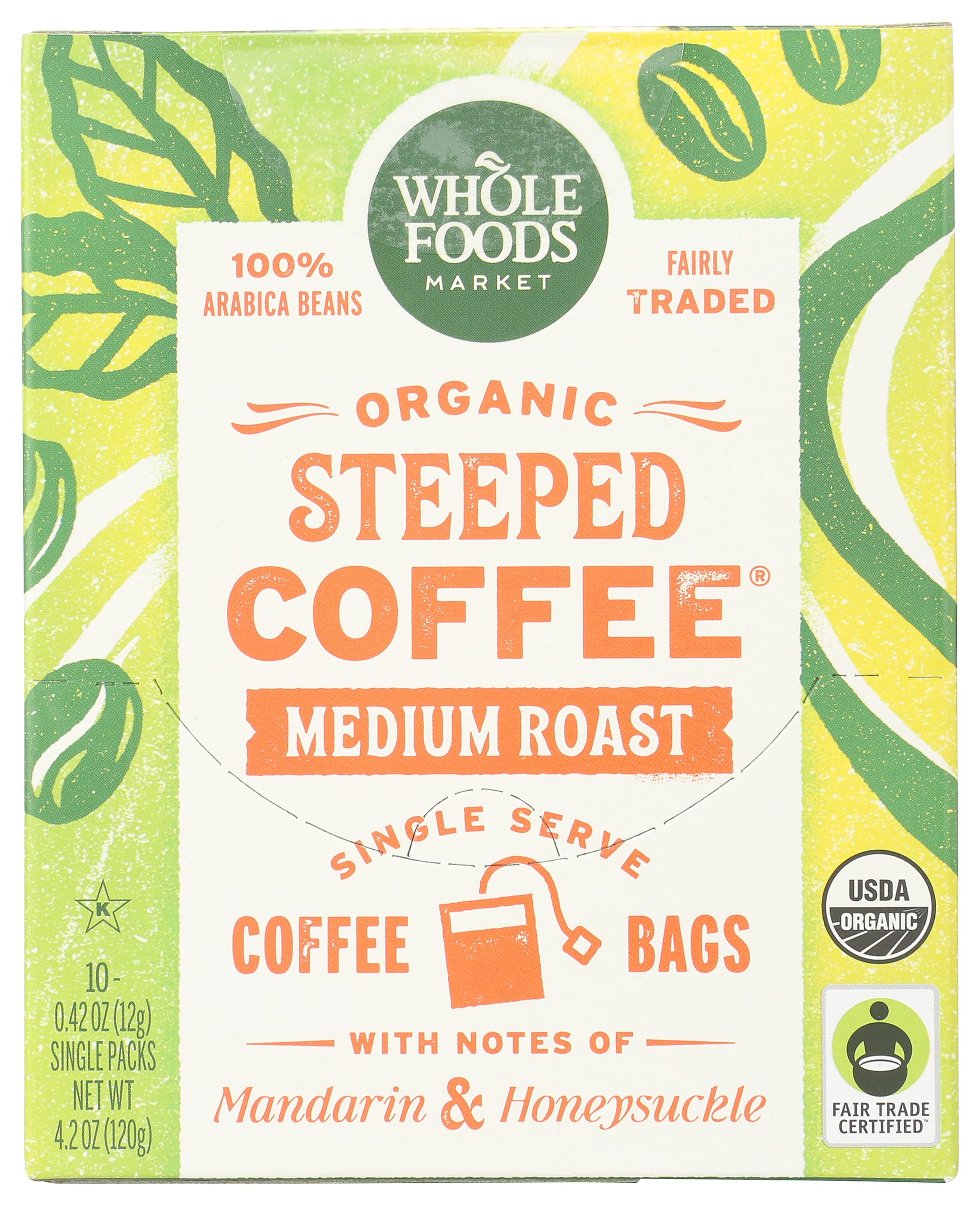 Whole Foods Market, Organic Steeped Coffee, Medium Roast, Notes of Mandarin & Honeysuckle, Single Serve Bags, 10 Count