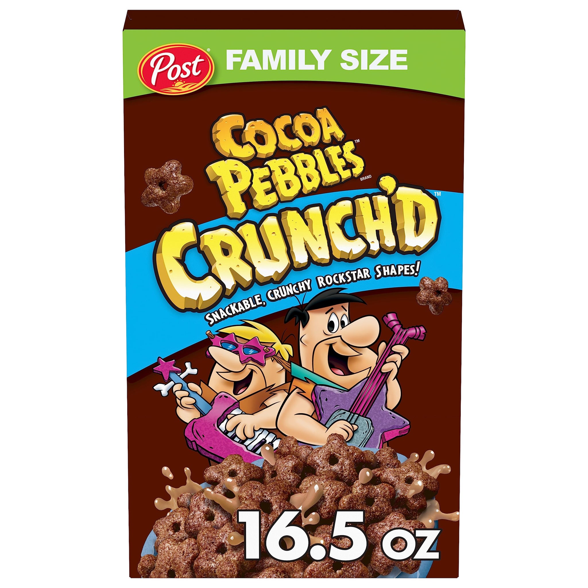 Post Cocoa PEBBLES Crunch'D Cereal, Chocolatey Breakfast Cereal Made with Real Cocoa, Great For Enjoying As a Sweet Snack, Family Size Cereal, 16.5 OZ