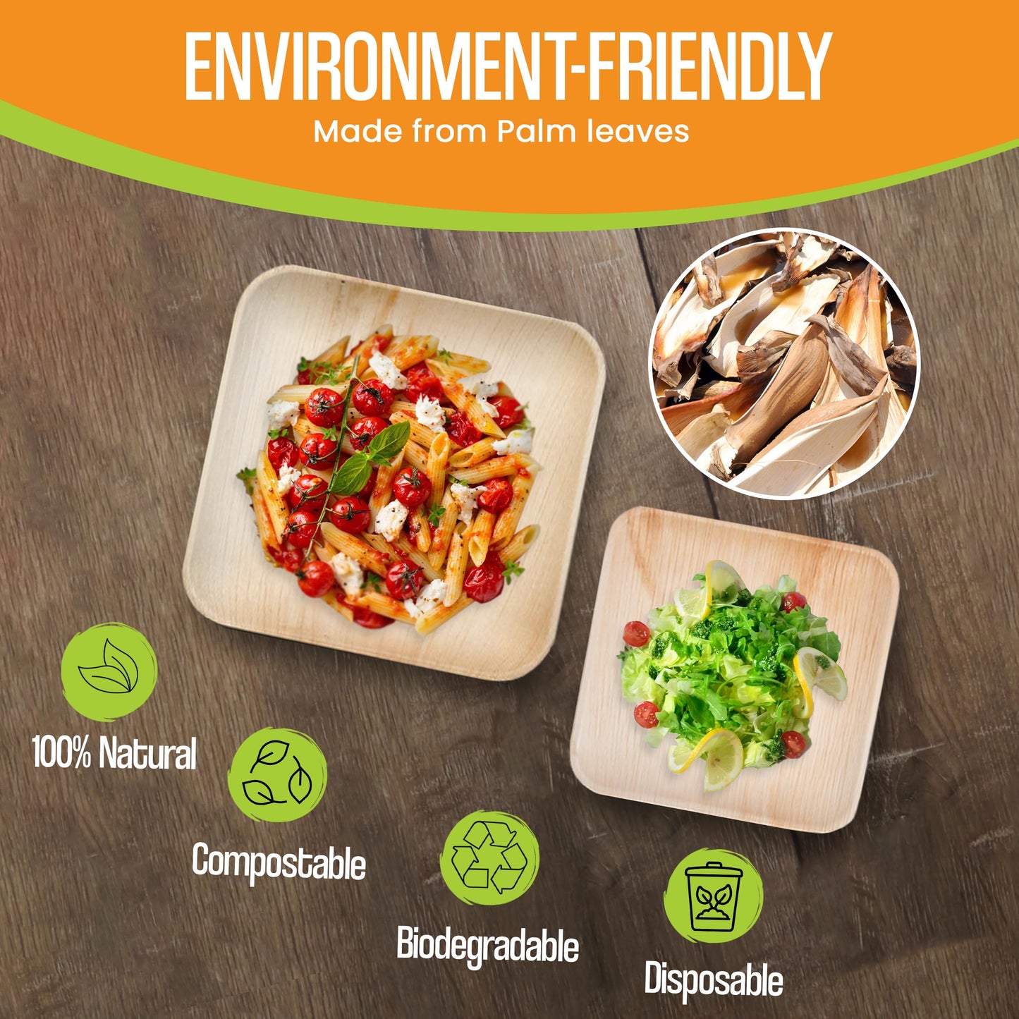 Raj Palm Leaf Plates Disposable Bamboo Plates 10 Inch & 7 Inch Square Bulk Party Pack (50 Pc) Compostable and Biodegradable - Better than Plastic