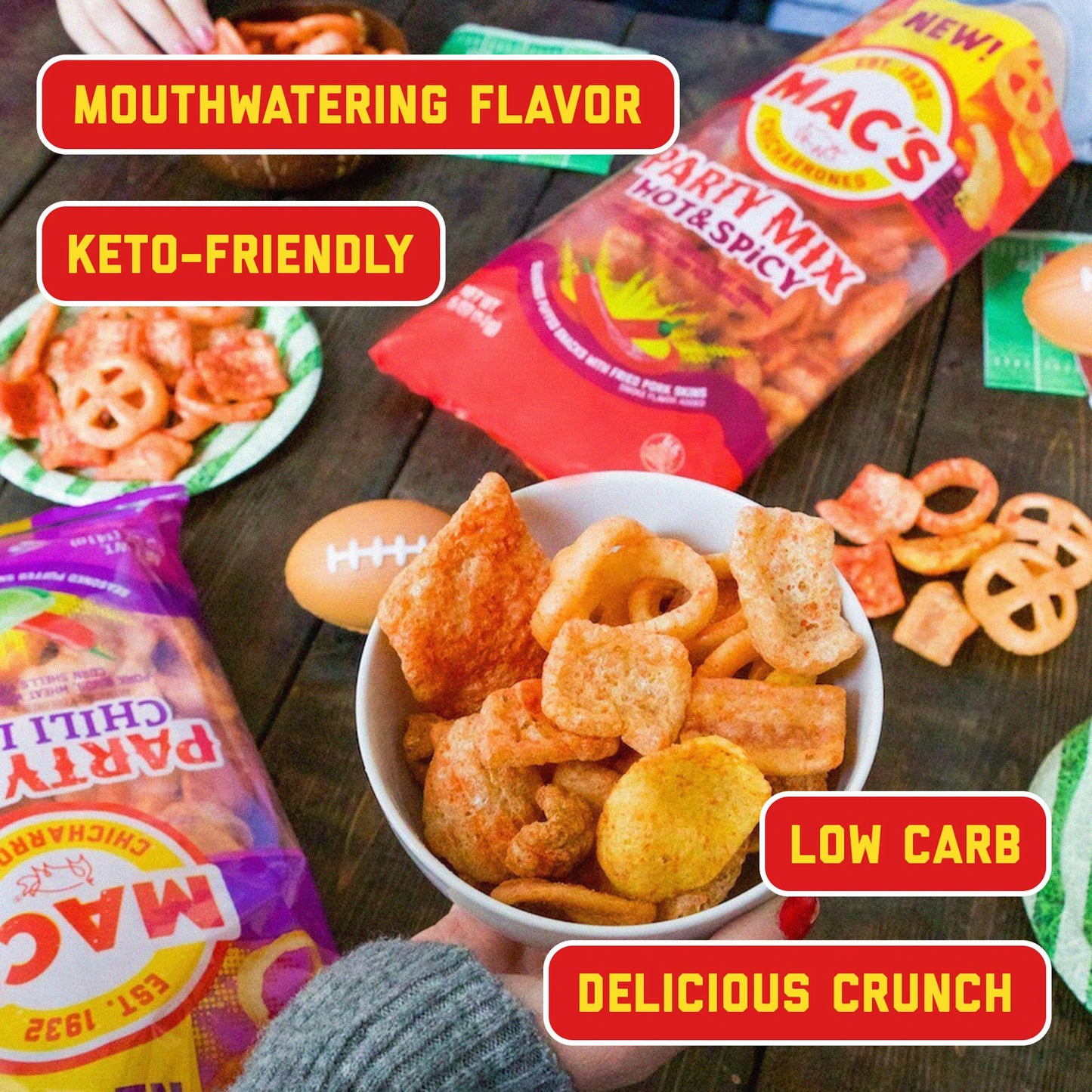 Mac's Hot & Spicy Pork Skins Party Mix - Hot & Spicy Flavored Chicharrones Pork Rinds - Party Snack - 4oz (9-Pack Party Mix)