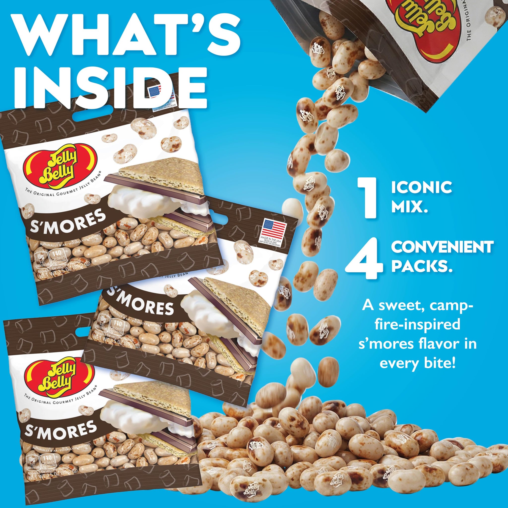 Jelly Belly S’mores Flavored Jelly Beans, 3.5 oz Bags (Pack of 4) - Grab & Go Candy Snack Packs, Kid Friendly Treats, Party Favors, Gift Bags