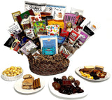 Hand-Crafted 38 Piece customizable chocolate gift basket of gourmet chocolates, cookies, and crunches. Tasty treats selected for businesses, clients
