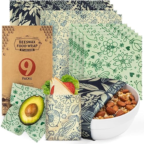 Akeeko Reusable Beeswax Food Wraps - Assorted 9 Packs, Reusable, Plastic-Free Food Storage, 5 Small, 2 Medium, 1 Large, 1 Extra Large Wraps