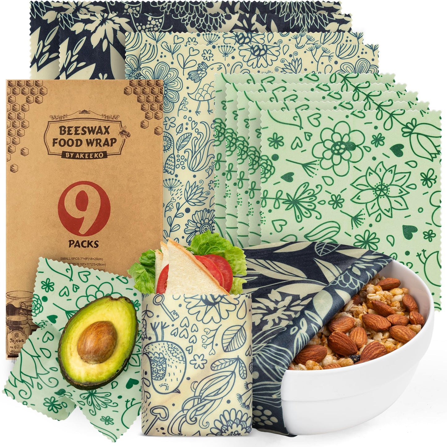 Akeeko Reusable Beeswax Food Wraps - Assorted 9 Packs, Reusable, Plastic-Free Food Storage, 5 Small, 2 Medium, 1 Large, 1 Extra Large Wraps