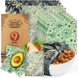 Akeeko Reusable Beeswax Food Wraps - Assorted 9 Packs, Reusable, Plastic-Free Food Storage, 5 Small, 2 Medium, 1 Large, 1 Extra Large Wraps
