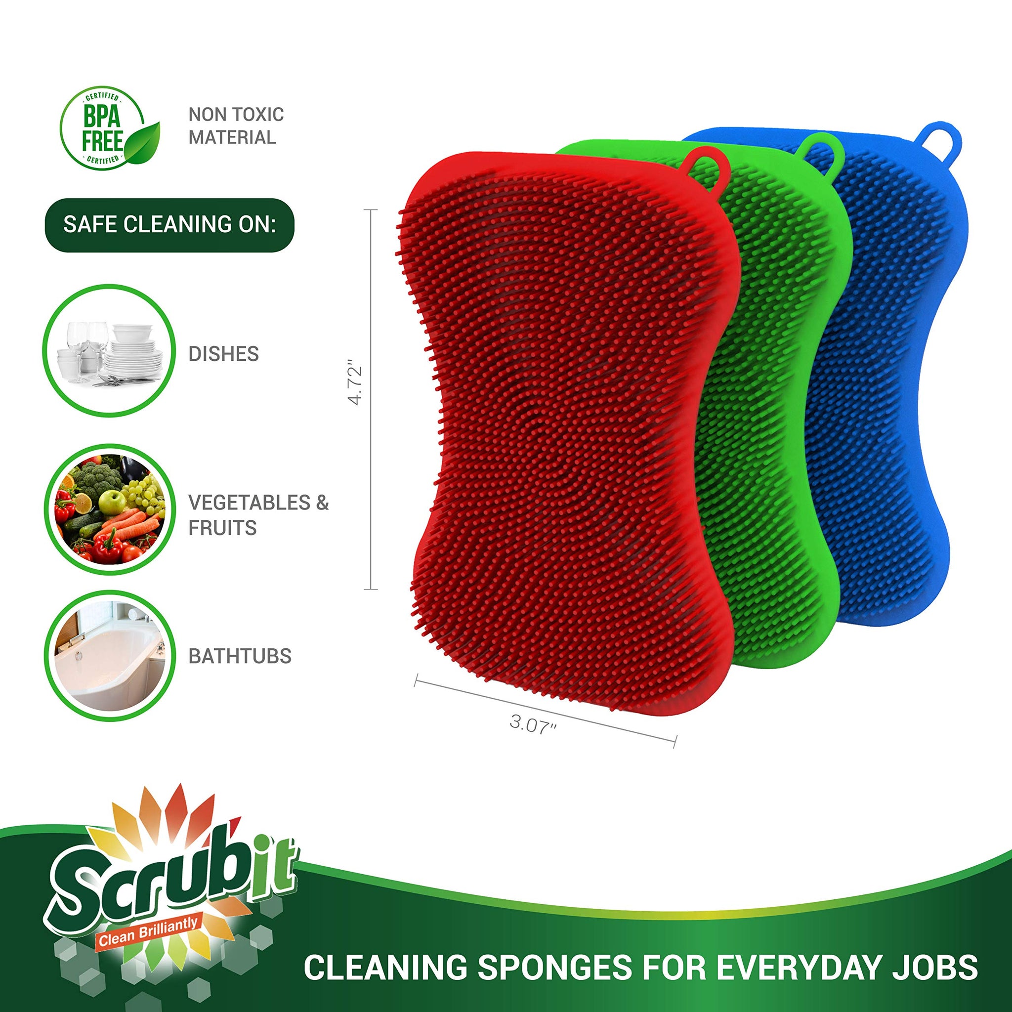 6 Pack Silicone Scrubbing Sponge by SCRUBIT - Real Silicon Non Scratch & Non Smell Kitchen Scrubber Pad for Dishes, Fruit, Vegetable - Reusable