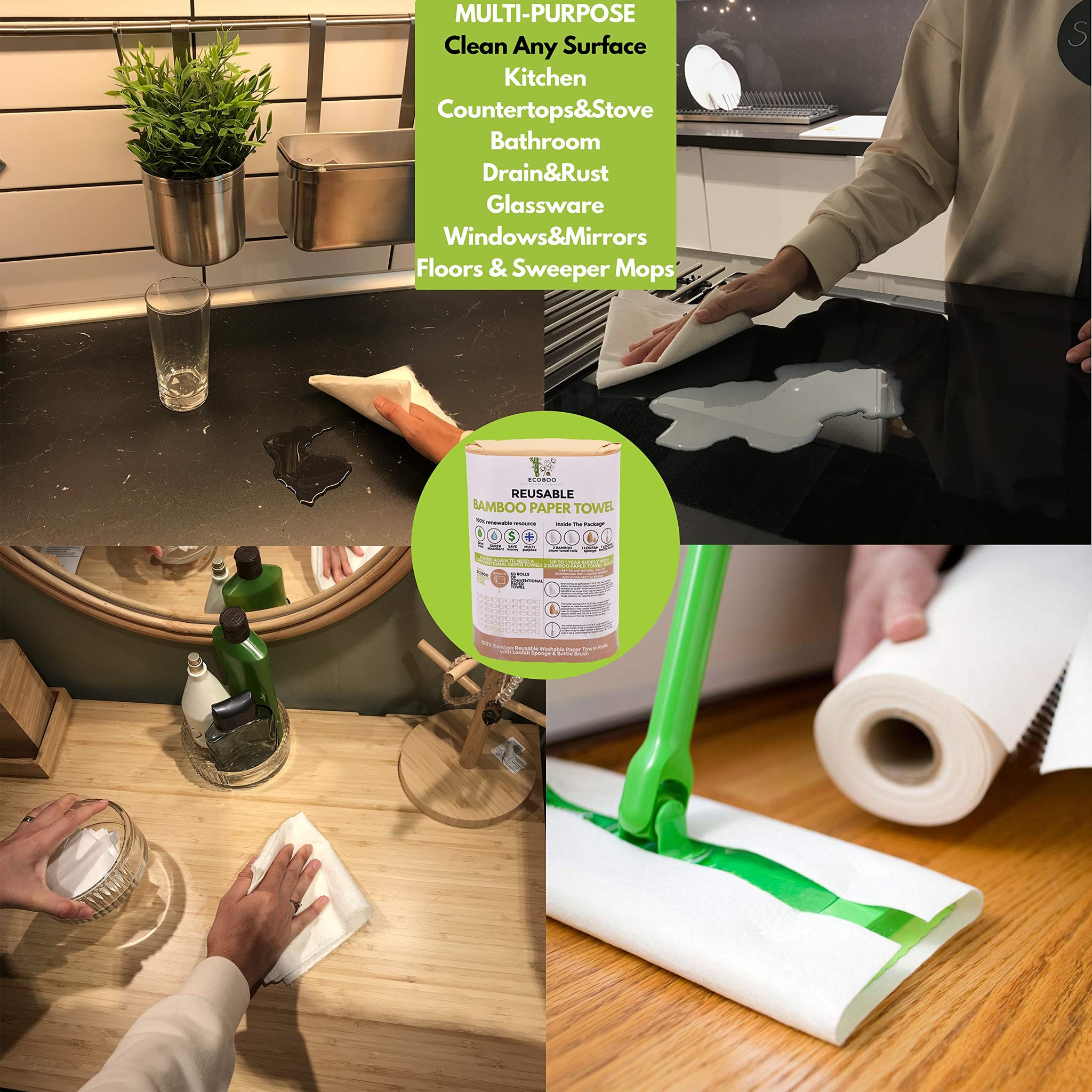 Bamboo Rayon Paper Towels | Washable Reusable Paper Towels, 2 Rolls,(40 Sheets)1 Year Supply & Loofah Sponge & Dish Scrub Brush | Eco Friendly Paper