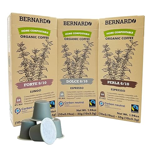 Bernardo Variety: Dolce, Perla, Forte, USDA Organic Espresso Capsules Compatible with Nespresso Original Line, Biodegradable and Home Compostable