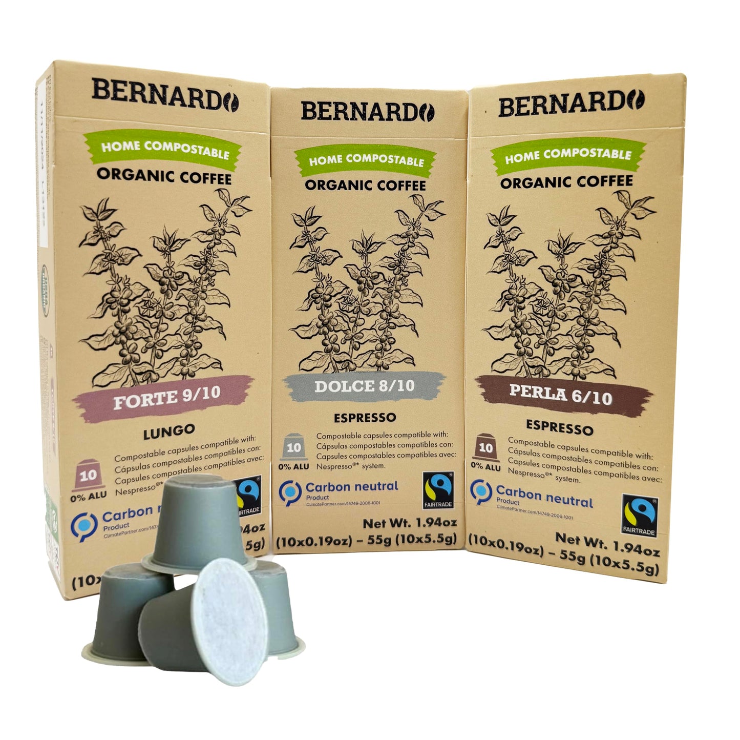 Bernardo Variety: Dolce, Perla, Forte, USDA Organic Espresso Capsules Compatible with Nespresso Original Line, Biodegradable and Home Compostable