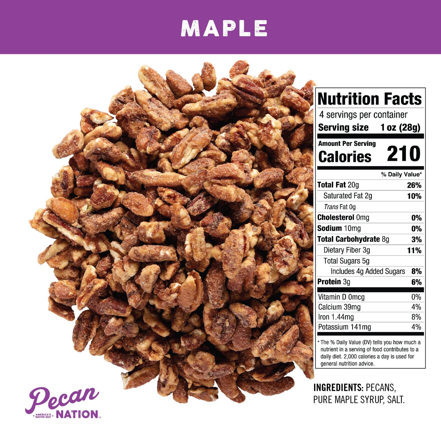 Pecan Nation Maple Flavored Roasted Sweet Pecan Pieces 4 oz., Natural, No preservatives, Antioxidant-Rich, Non-GMO, Healthy Nut Snack for Adults