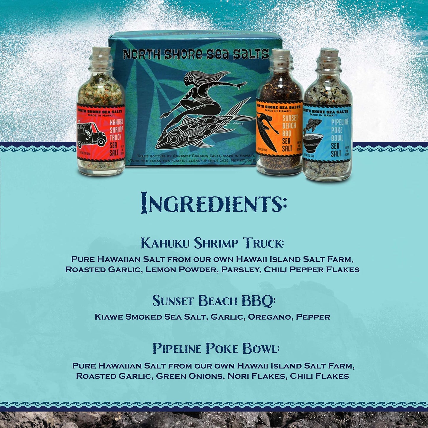 Sea Salts of Hawaii North Shore Sea Salts Variety Pack, 3-2oz. Bottles of Sea Salt - Pipeline Poke, Sunset Beach BBQ, Kahuku Shrimp - Made in Hawaii