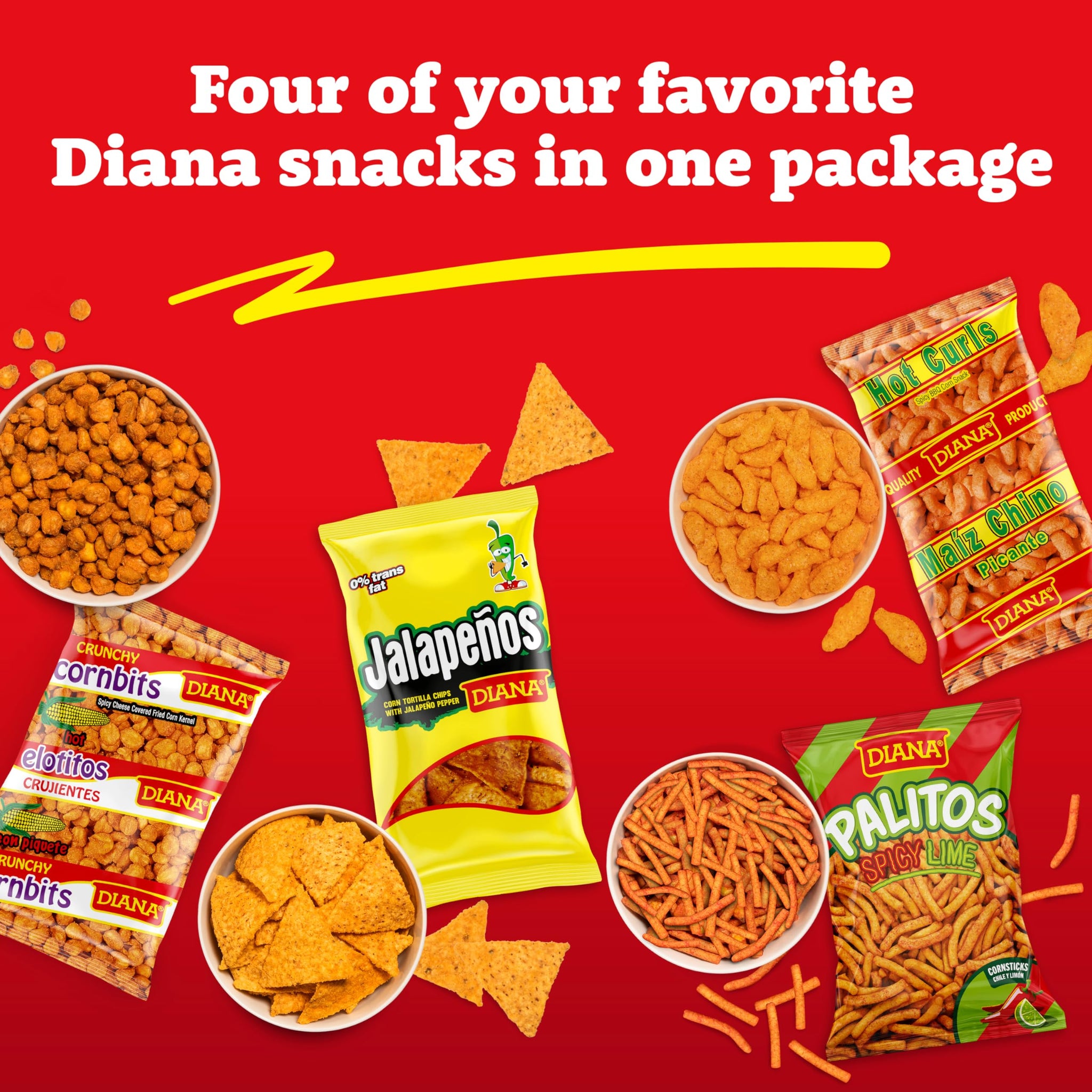 Diana Mild Spicy Snack Variety Pack, Hot Curls, Jalapeños, Spicy Cornbits and Chili Limon Palitos, 18 Bags, 18 Oz