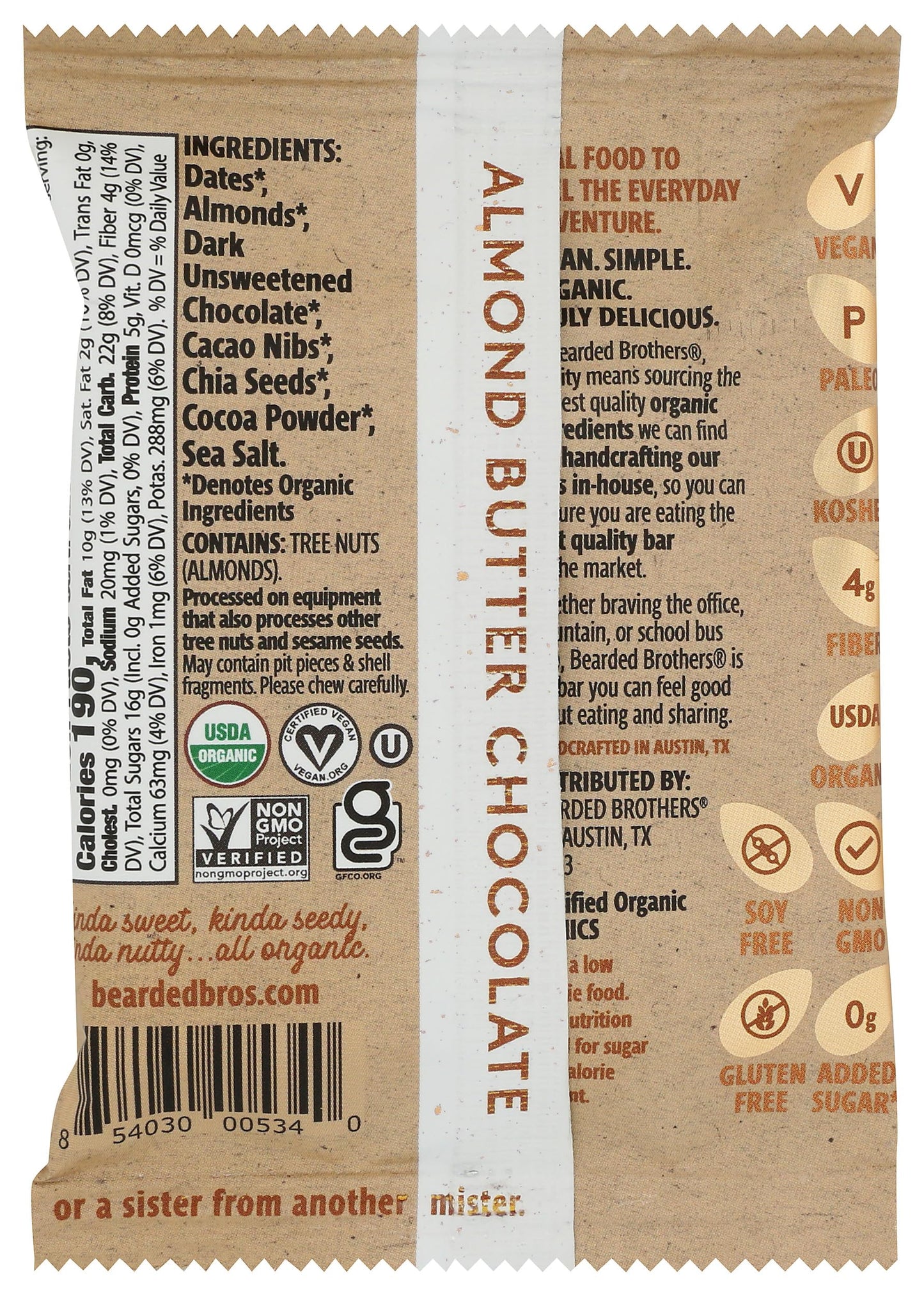 Bearded Brothers, Bar Food Almond Butter Chocolate Awesome Organic, 1.52 Ounce