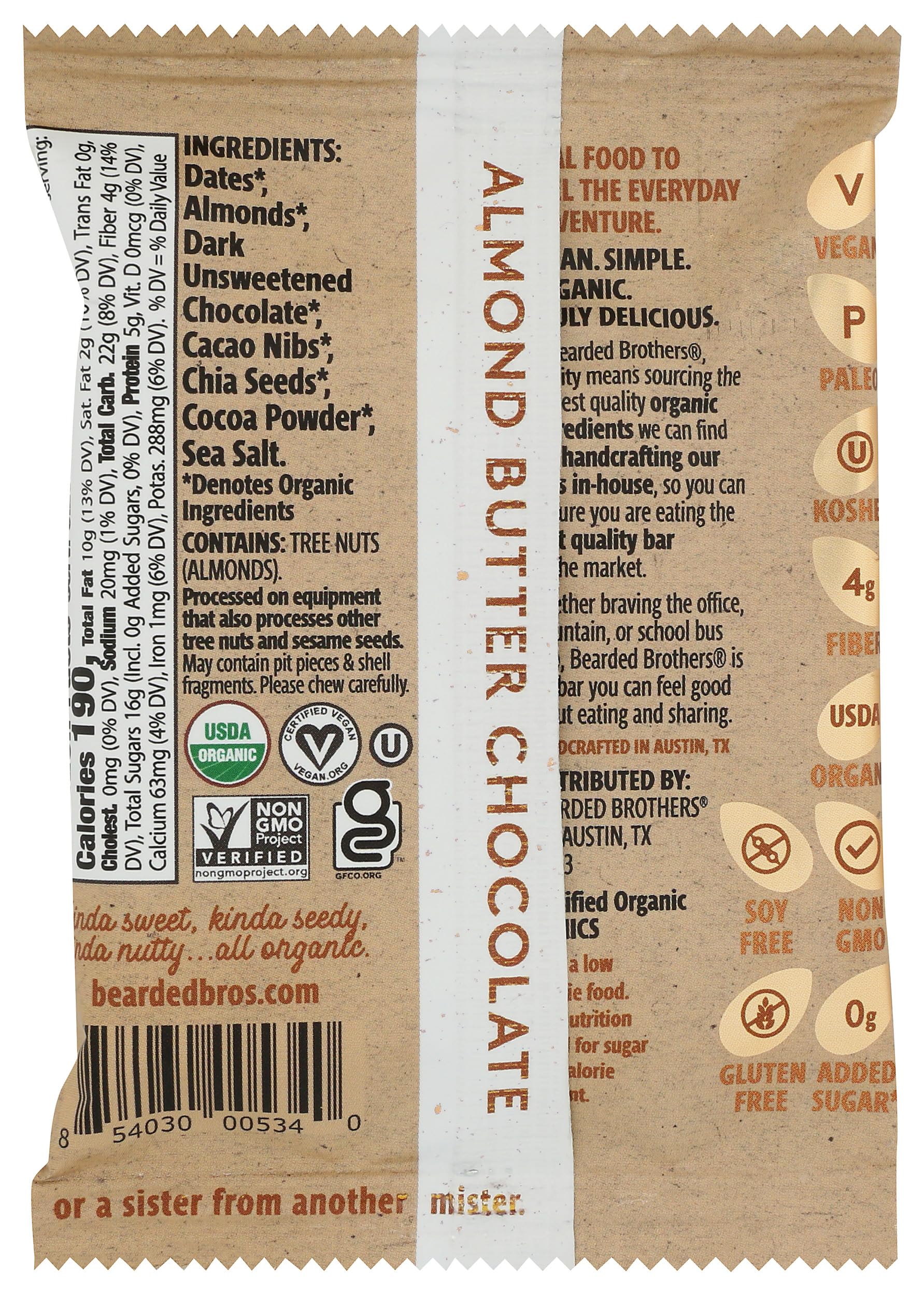Bearded Brothers, Bar Food Almond Butter Chocolate Awesome Organic, 1.52 Ounce
