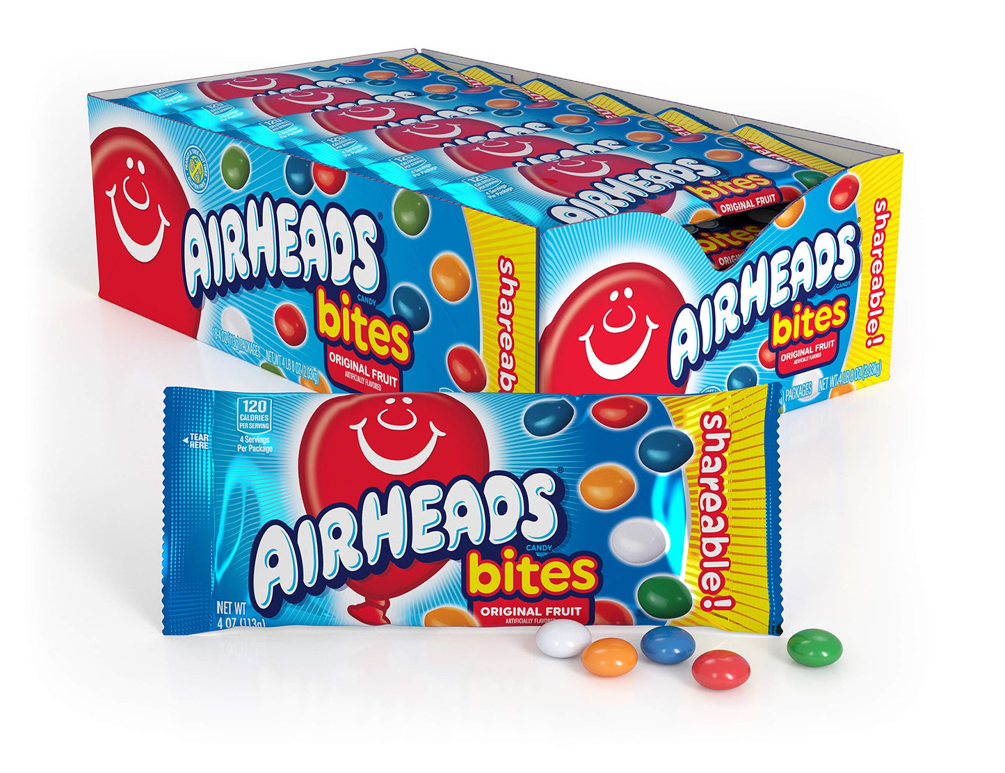 Airheads Candy, Bites, Assorted Fruit Flavors, Non-Melting, 4oz Packs, Box of 18 Packs
