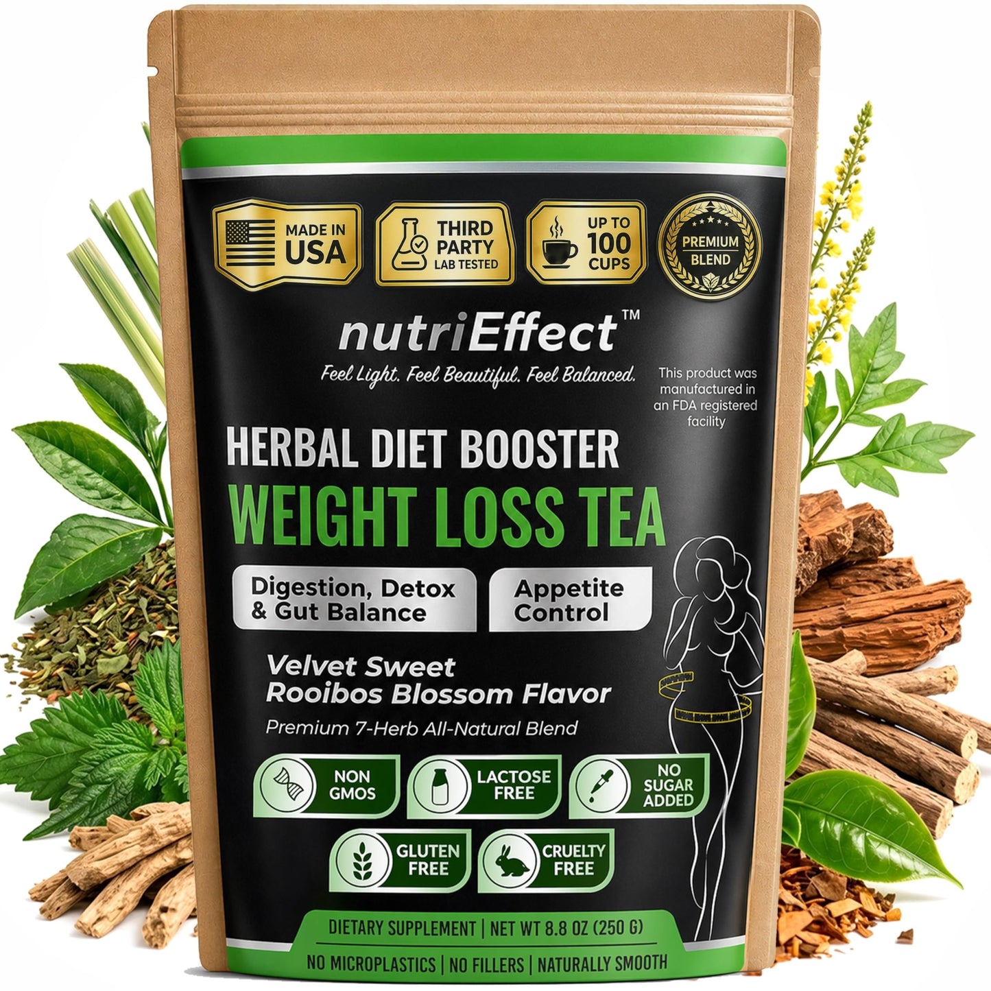 NutriEffect 7-Herb Herbal Tea Blend - Up to 100 Cups | 250g (8.8 oz) Loose Leaf Tea - Rooibos, Yerba Mate & Nettle Blend - Smooth & Naturally