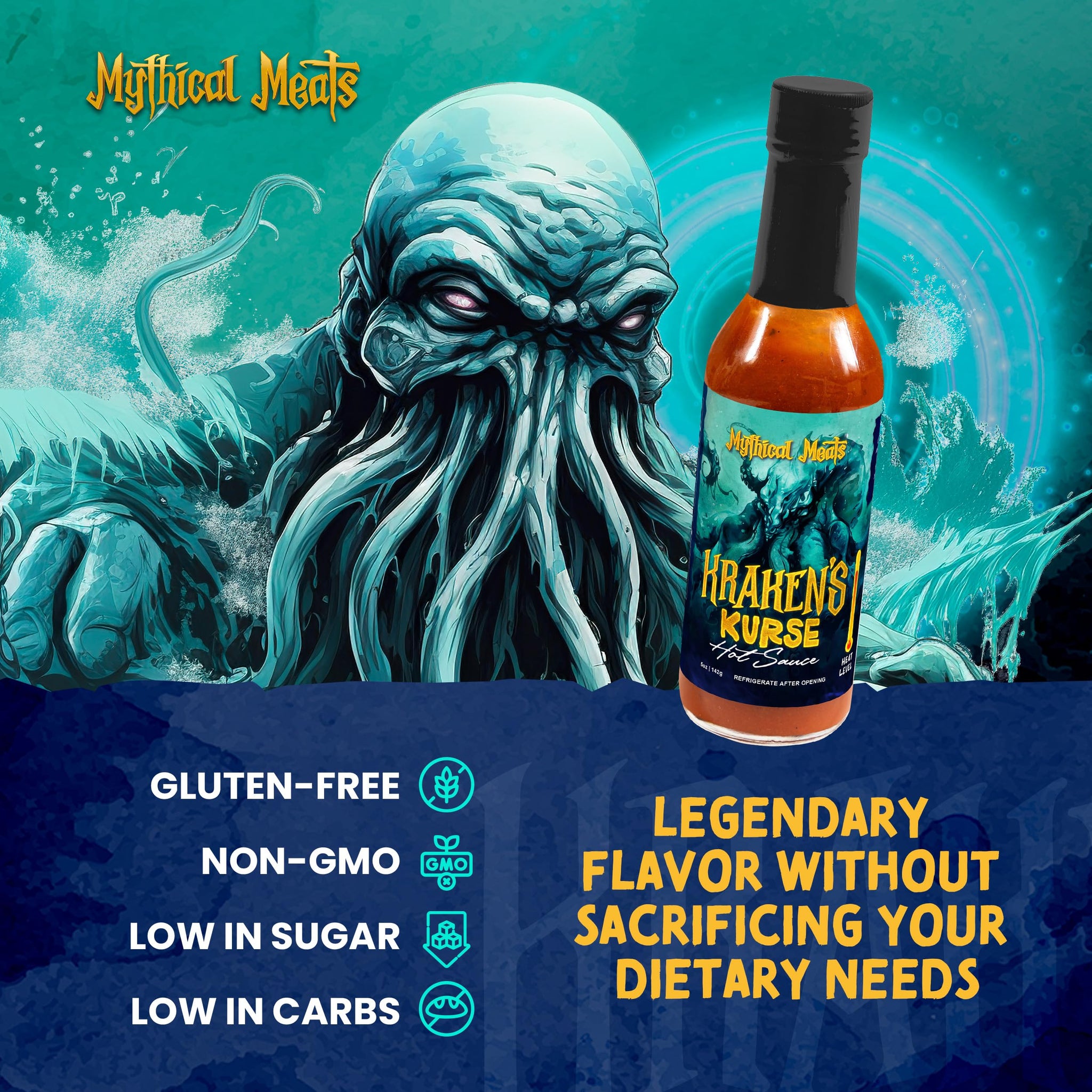 Mythical Meats Kraken's Kurse Hot Sauce - Carolina Reaper & Plum, Gluten Free, Non GMO, 8/10 Heat