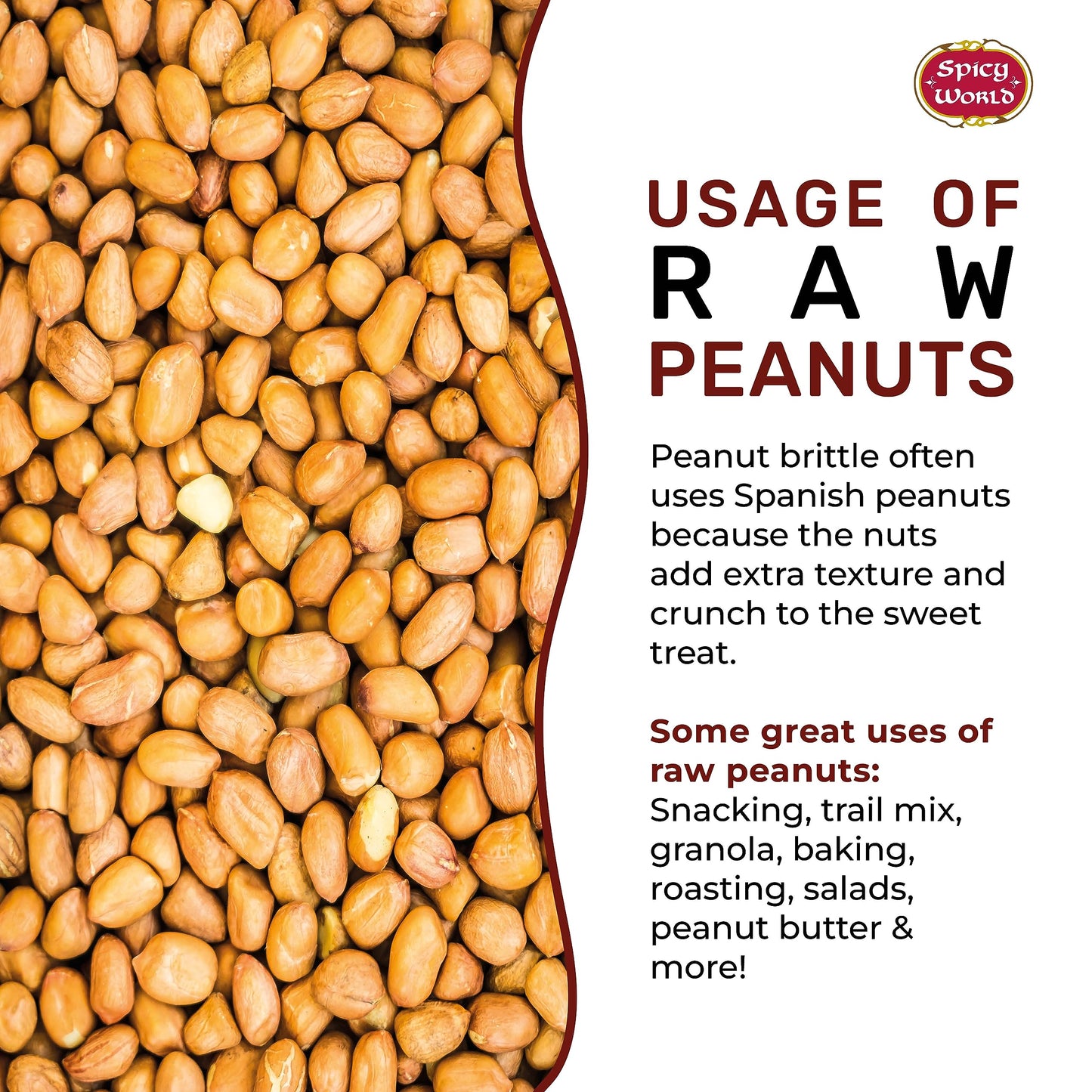 Spicy World Peanuts Raw Whole With Skin 4 LB Jumbo Bag (64oz) | Uncooked, Unsalted, All Natural, USA Grown Red Skin Spanish Grade