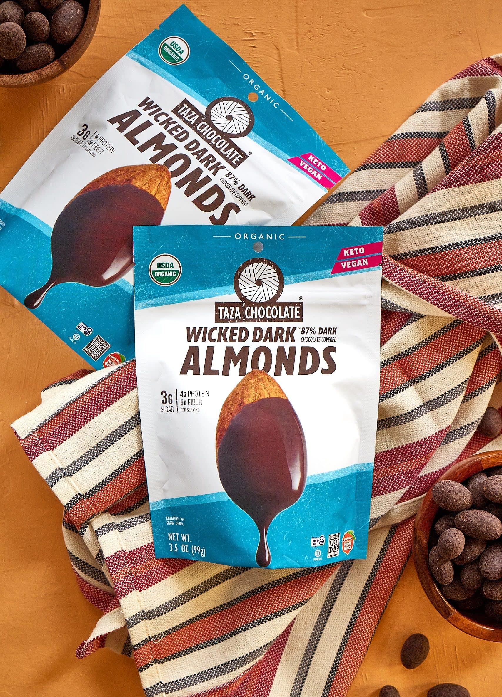 Taza Chocolate Organic Wicked Dark Chocolate Covered Almonds, 87% Dark Chocolate, 3.5 Ounce (12 Count), Vegan