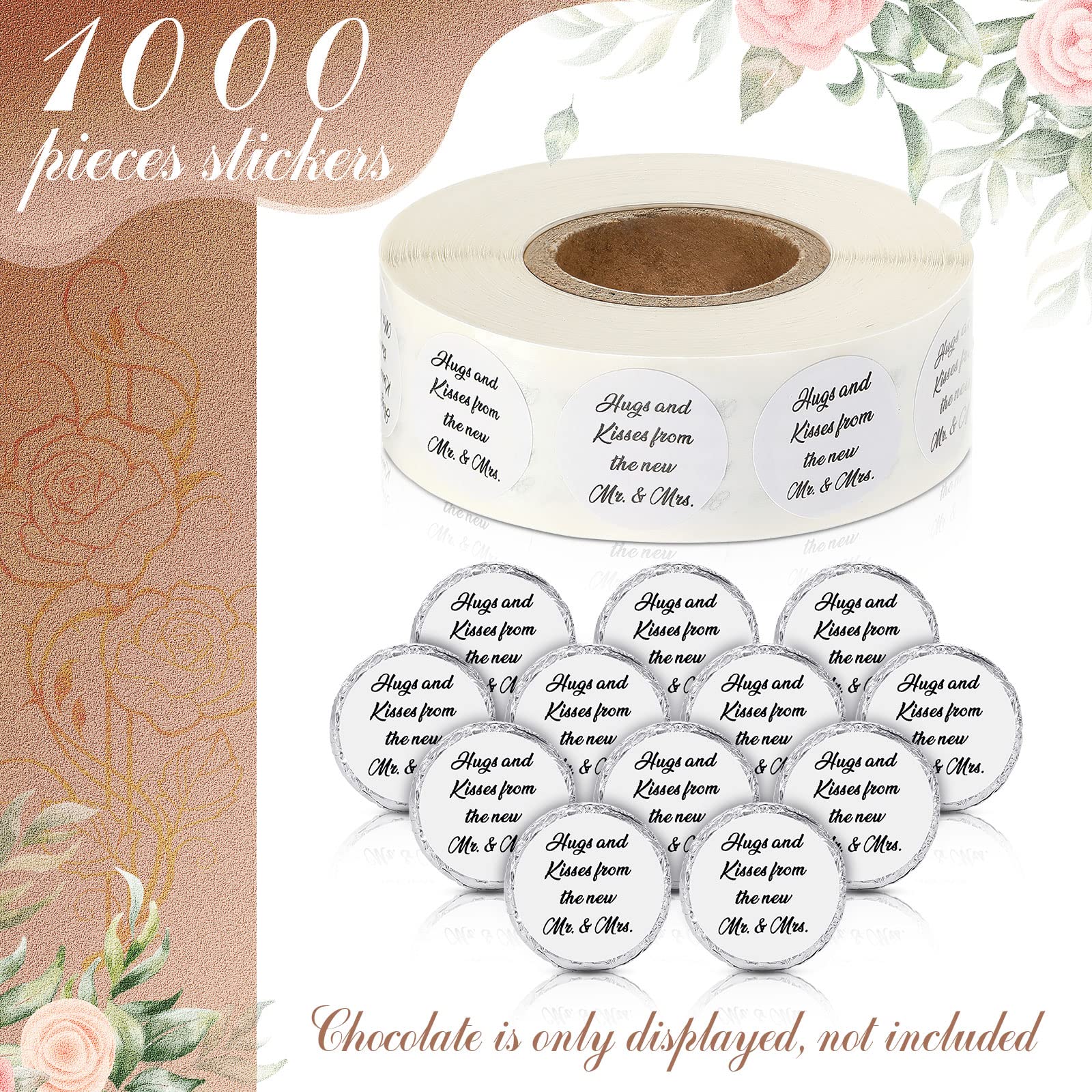 Laumoi 1000 Pcs Hugs and Kisses from The New Mr and Mrs Wedding Stickers, Chocolate Drops Labels Candy Stickers 0.75 Inch for Weddings Engagement