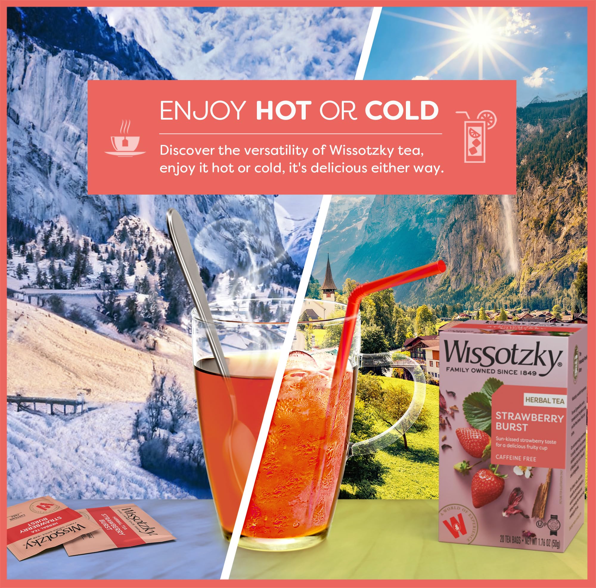 Wissotzky Strawberry Burst Herbal Tea, 20 Tea Bags | Fruity Blend | Caffeine Free Tea | Antioxidant Rich