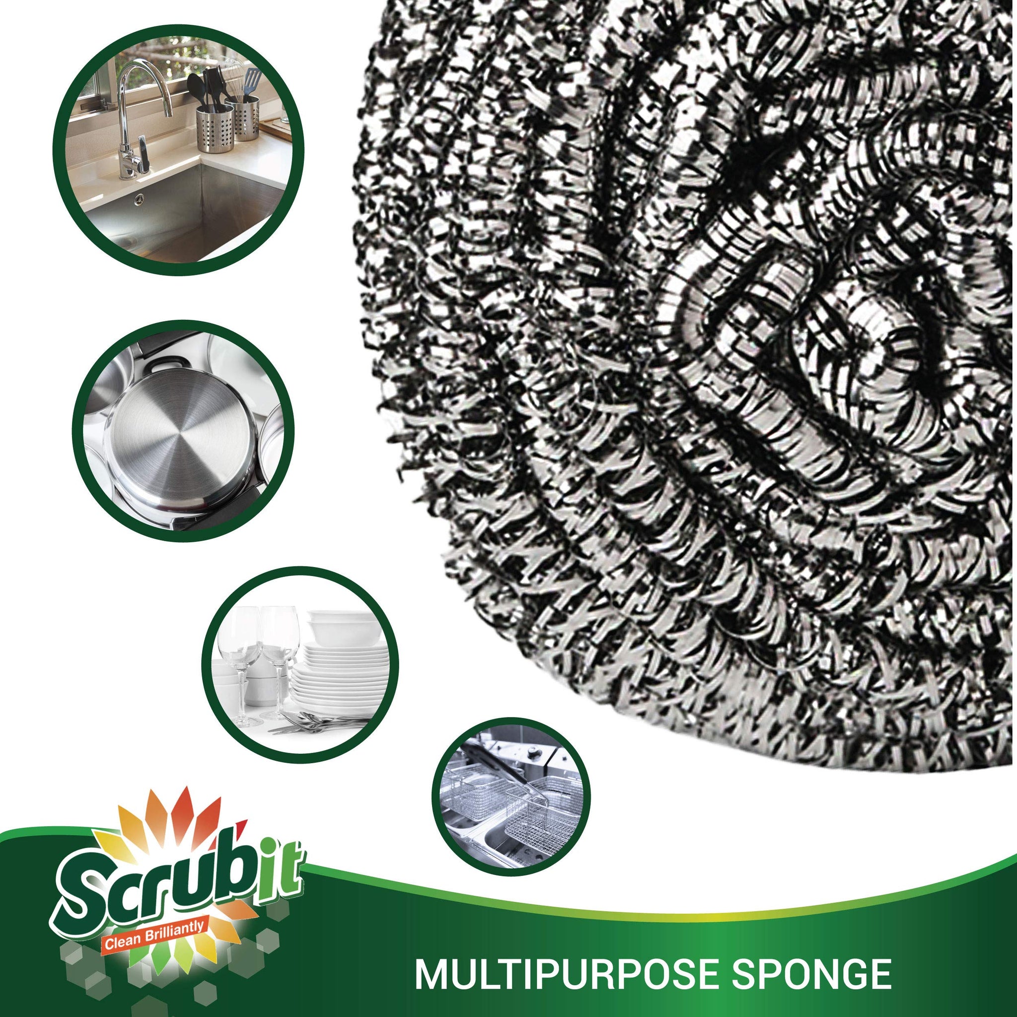 SCRUBIT 6 Pack Stainless Steel Scourers - Steel Wool Scrubber Pad Used for Dishes, Pots, Pans, and Ovens. Easy scouring for Tough Kitchen Cleaning.