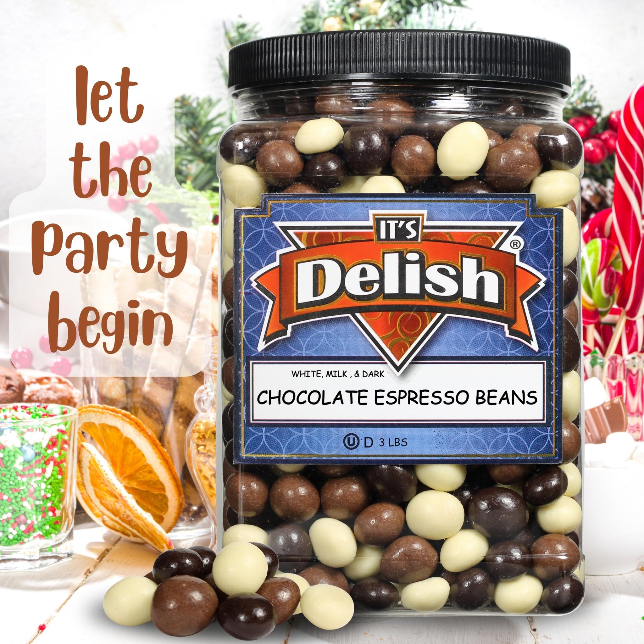 Gourmet Chocolate Covered Espresso Beans Medley by Its Delish, 3 LBS Jumbo Reusable Container - Mix of Dark, Milk & White Chocolate Covered Roasted