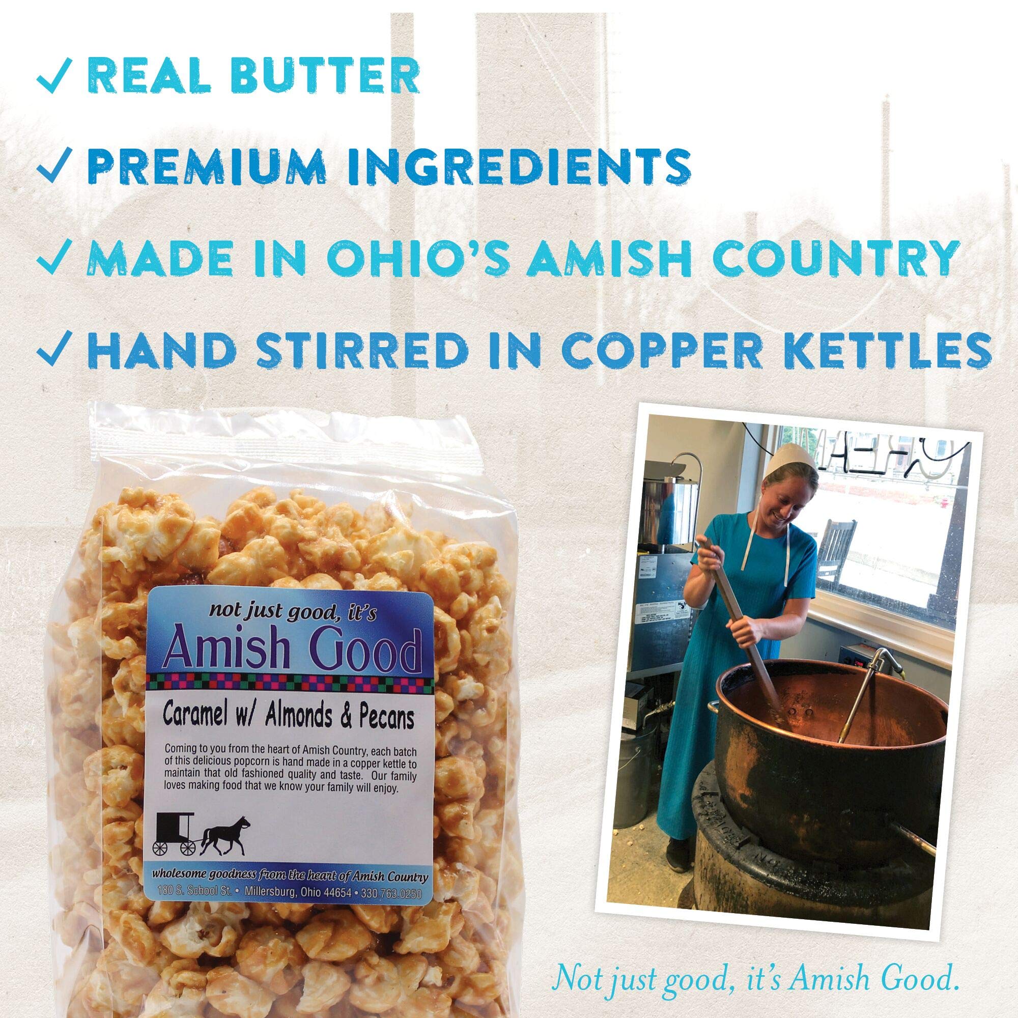 Amish Good Premium Caramel Popcorn with Almond and Pecans * Real Butter and Coconut Oil in 12 Ounce Bag