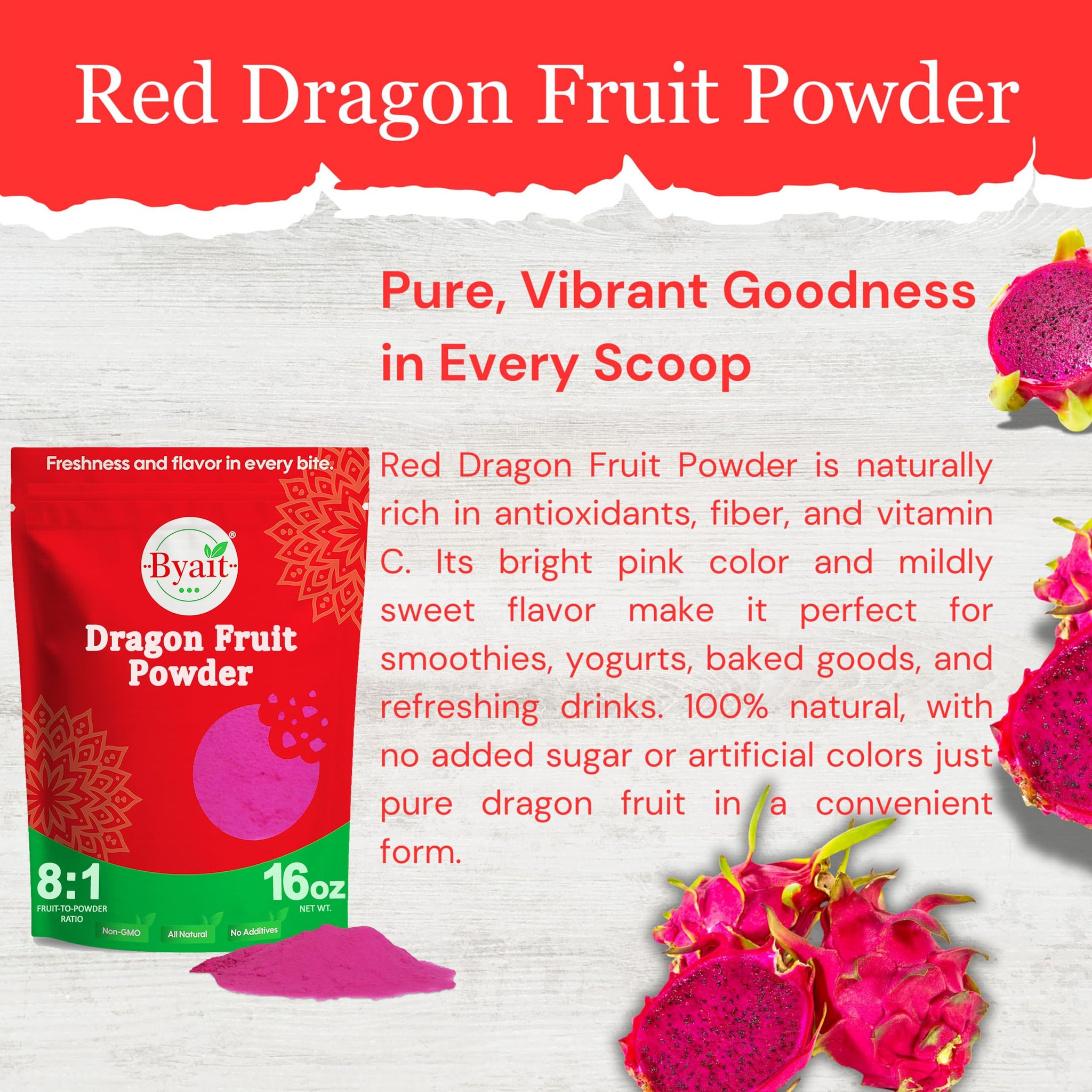 Byait Freeze Dried Dragon Fruit Powder 16 Oz, Fine Pitaya Powder for Food Coloring, Baking, Smoothies, Drinks, Ice Cream, Cocktails, Vegan, Non-GMO