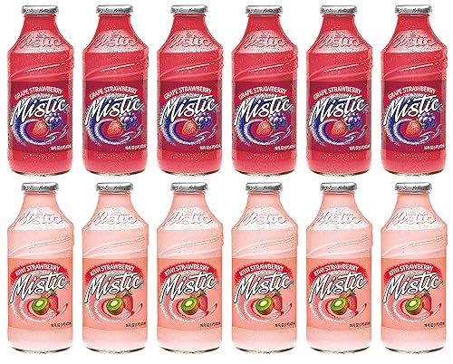 LUV-BOX Variety MISTIC JUICE DRINK pack , pack of 12 , 16 fl oz , Glass bottle , GRAPE STRAWBERRY , KIWI STRAWBERRY