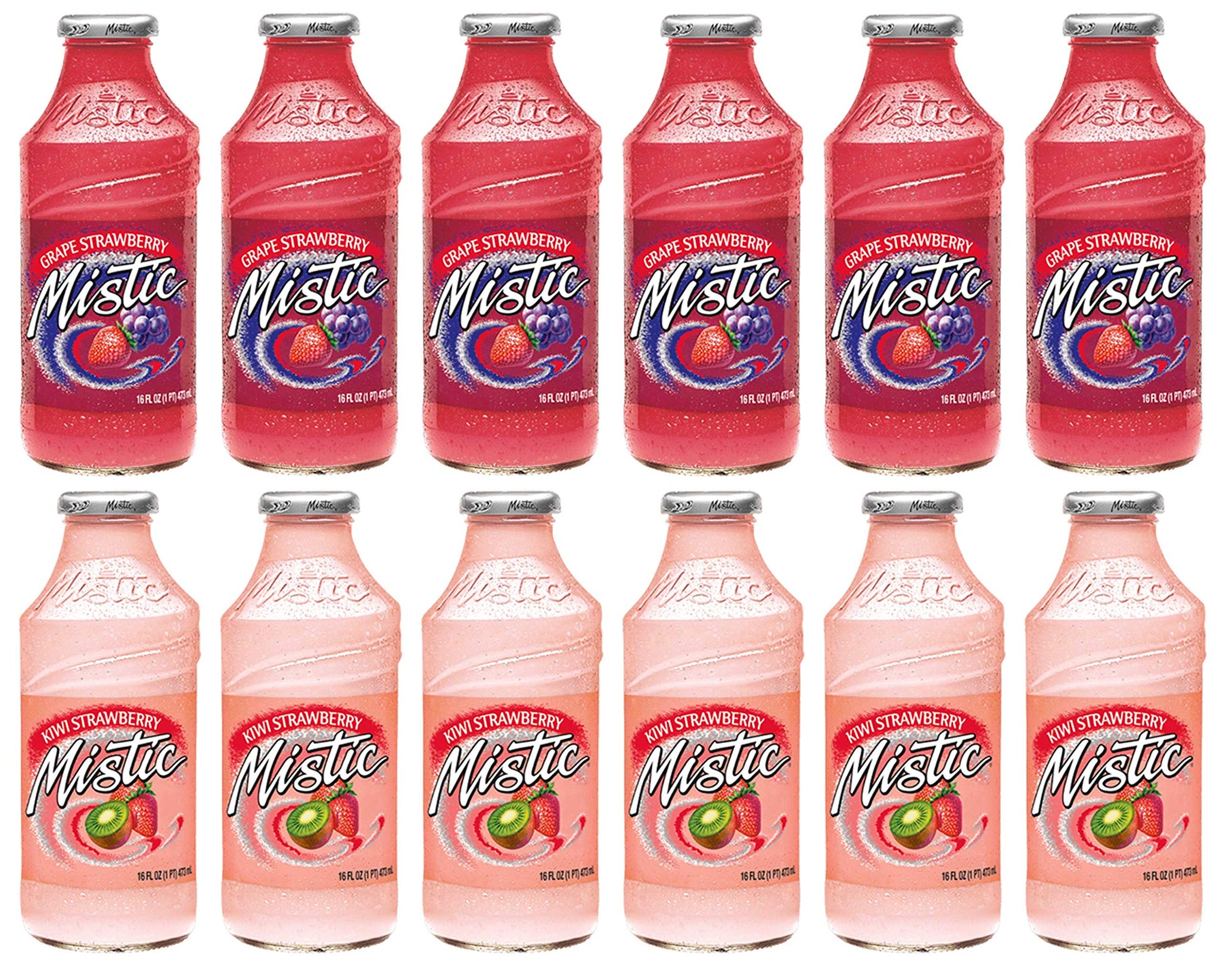 LUV-BOX Variety MISTIC JUICE DRINK pack , pack of 12 , 16 fl oz , Glass bottle , GRAPE STRAWBERRY , KIWI STRAWBERRY