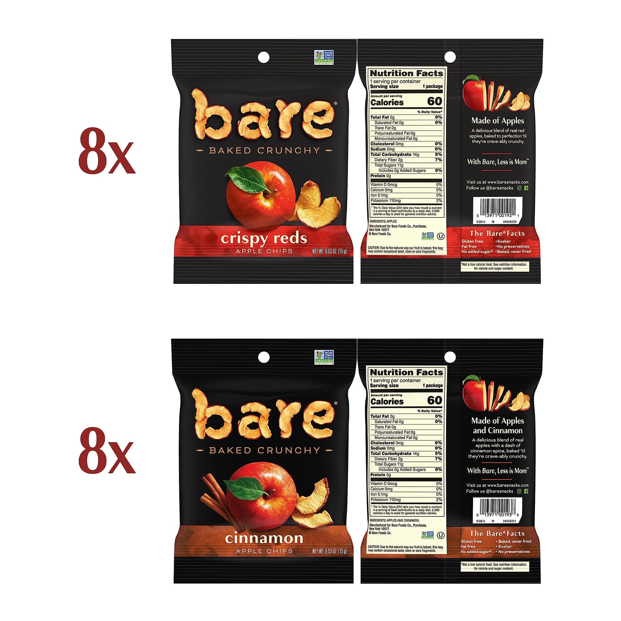 Bare Baked Crunchy, Apples Fuji & Reds and Cinnamon Variety Pack, 0.53 Ounce (Pack of 16)